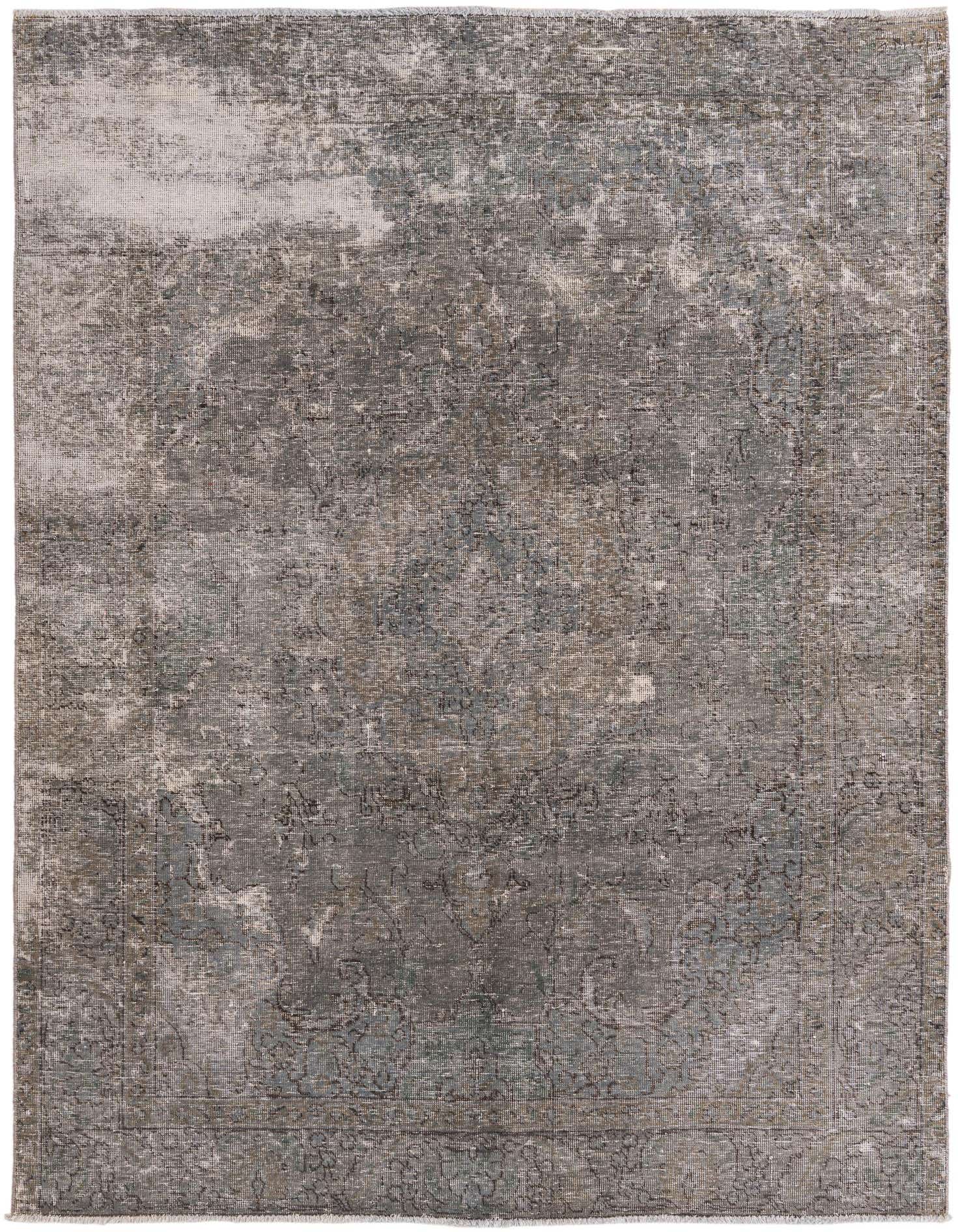 A 6x9 rectangular gray Persian-style area rug with a vintage, distressed medallion pattern, ideal for a living room.