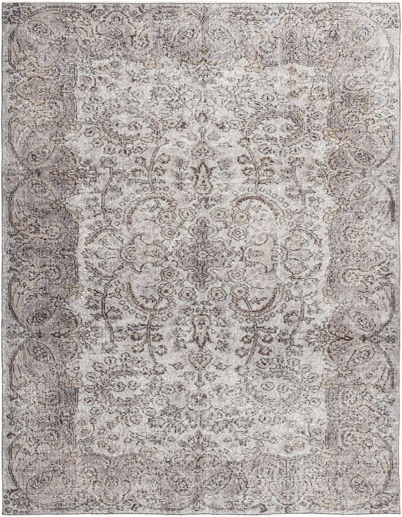 A 5x8 rectangular Ultra Vintage rug in grays and silvers, featuring a faded Persian-inspired pattern.