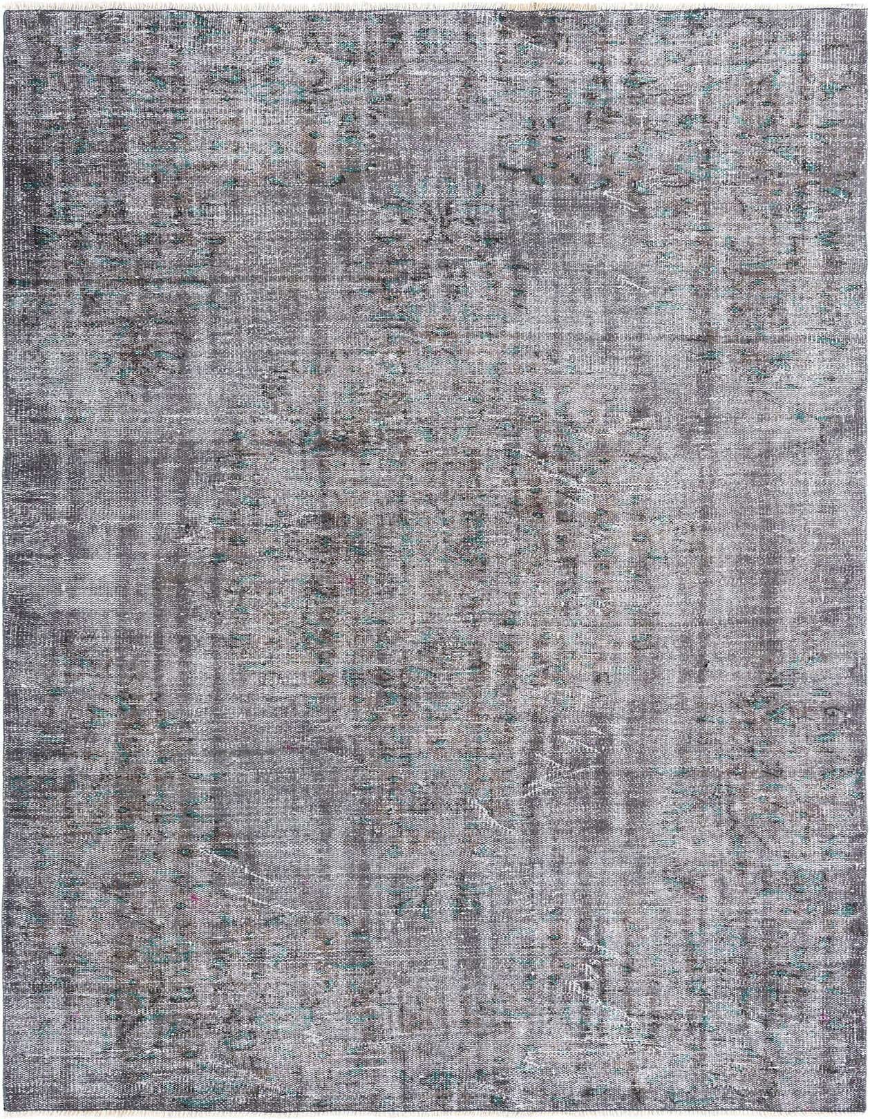 A 6x9 rectangular gray and silver modern vintage wool rug with subtle teal and brown accents, featuring a distressed Persian pattern.