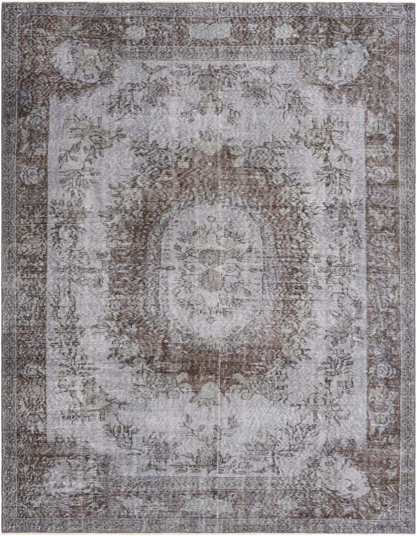 A 6x9 rectangular Ultra Vintage rug in grays and silvers, featuring a faded Persian-inspired floral pattern.