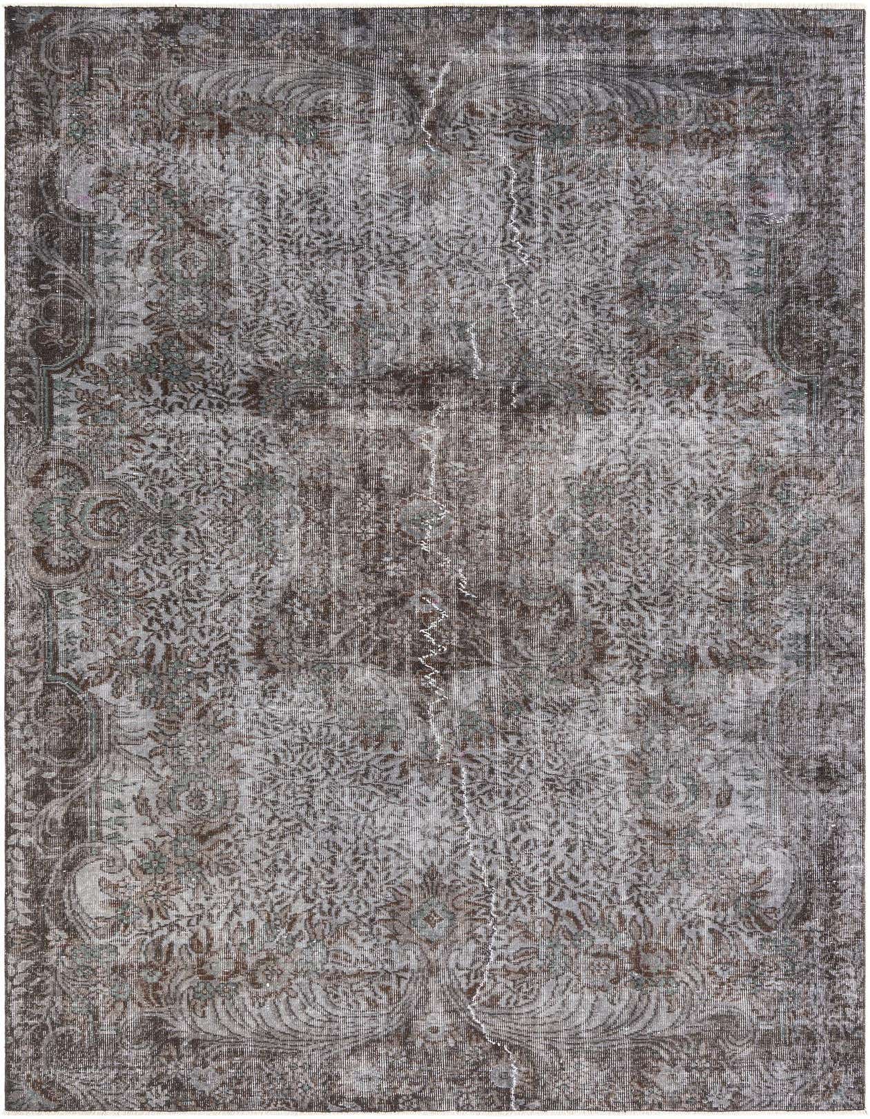 A 6x9 rectangular gray and silver modern vintage Persian wool rug with an intricate floral pattern and distressed finish.