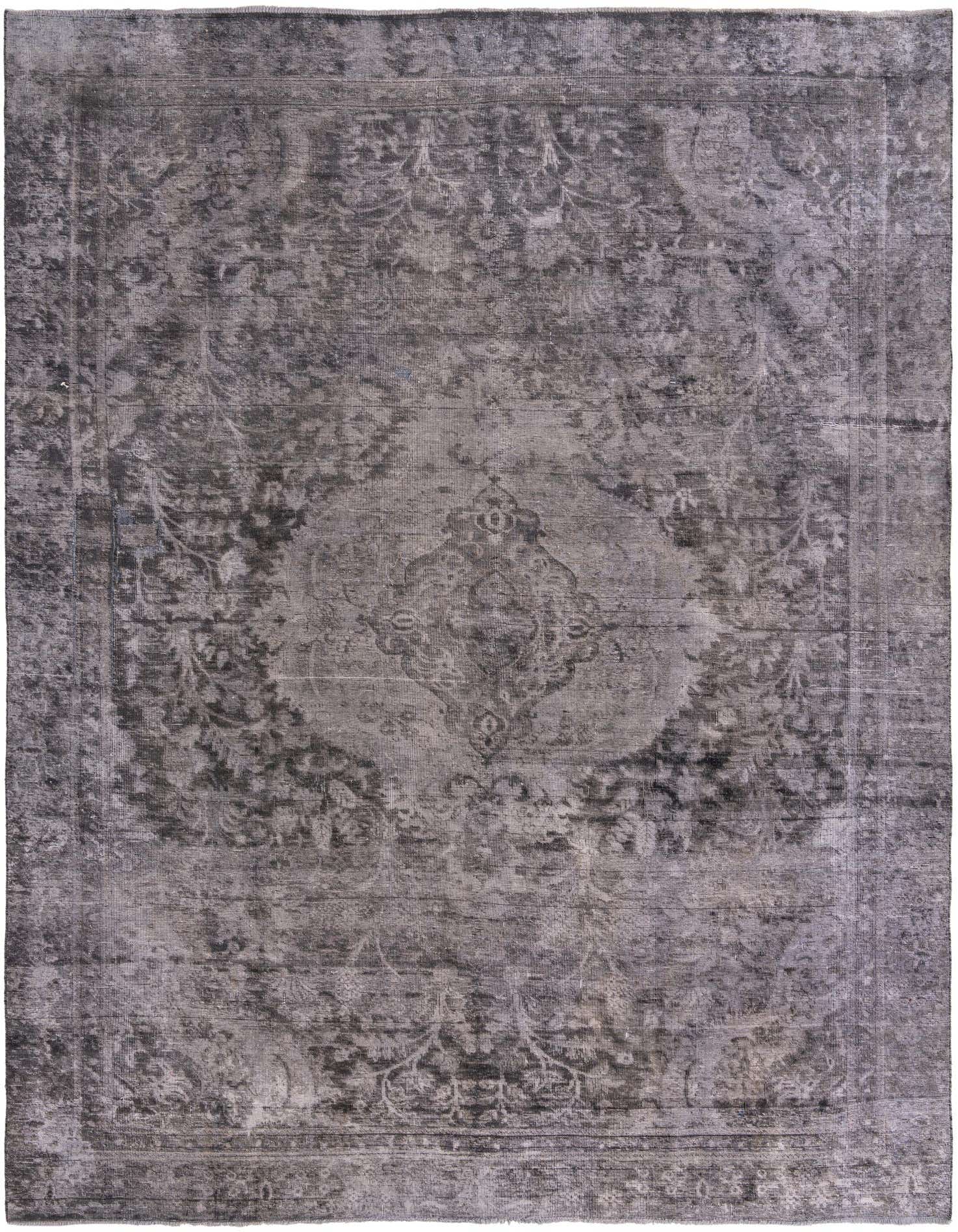 A 9x12 rectangular gray wool rug with a distressed Persian medallion and floral pattern, suitable for a living room.
