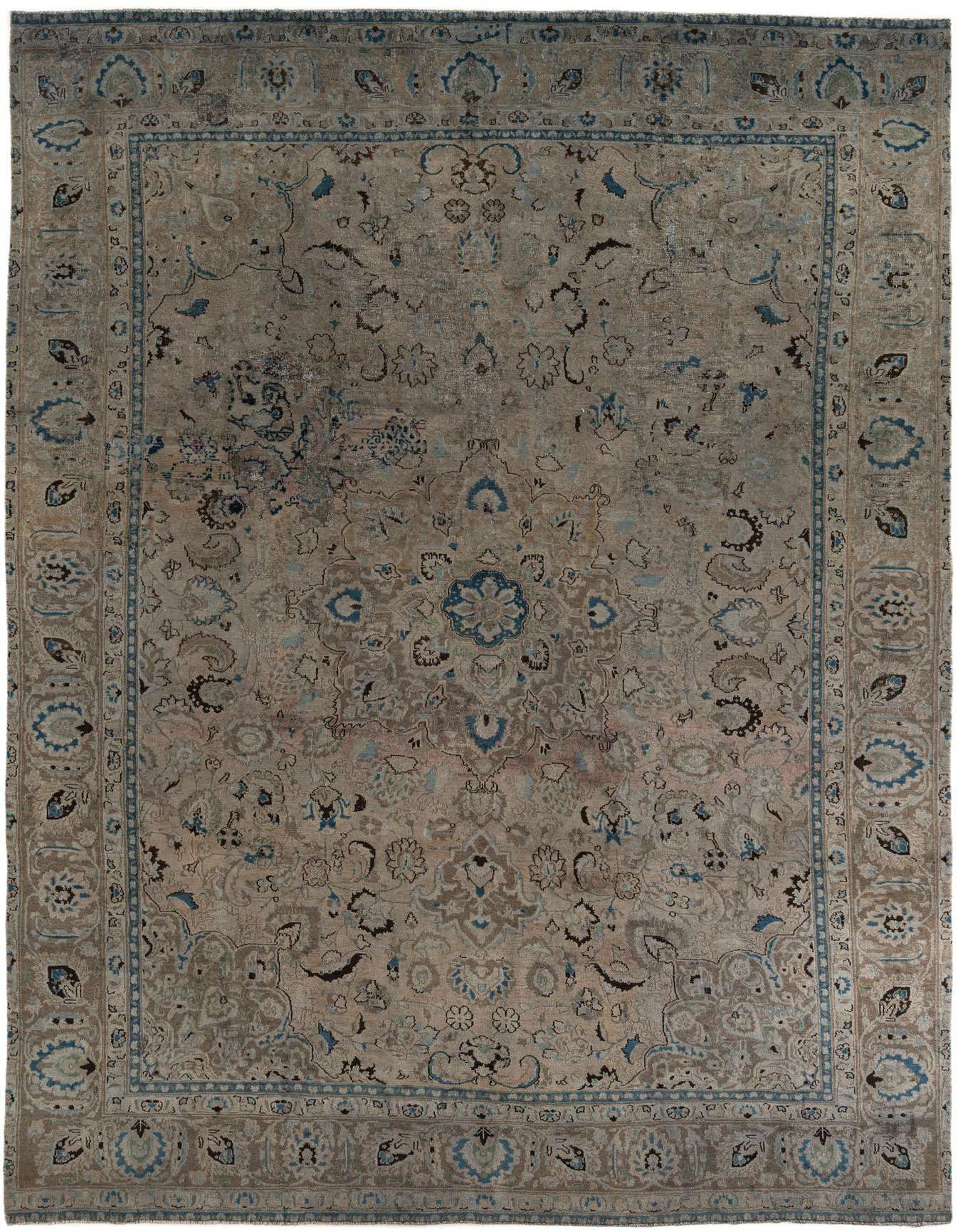 A large 9x12 rectangular gray and silver Persian area rug with a central medallion and intricate floral patterns in muted blues and browns.