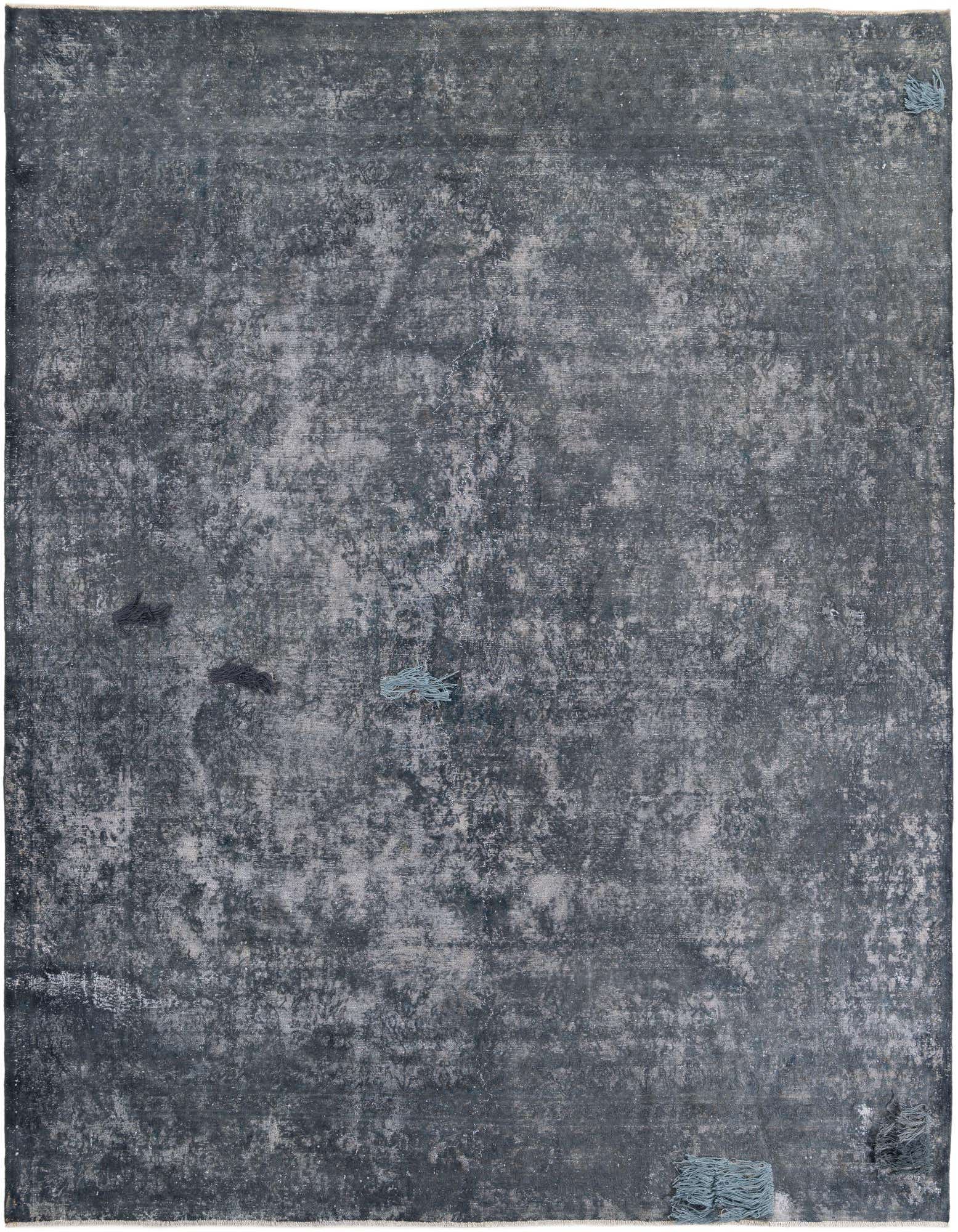 A 10x12 rectangular gray wool rug with a distressed Persian medallion pattern, suitable for an indoor living space.