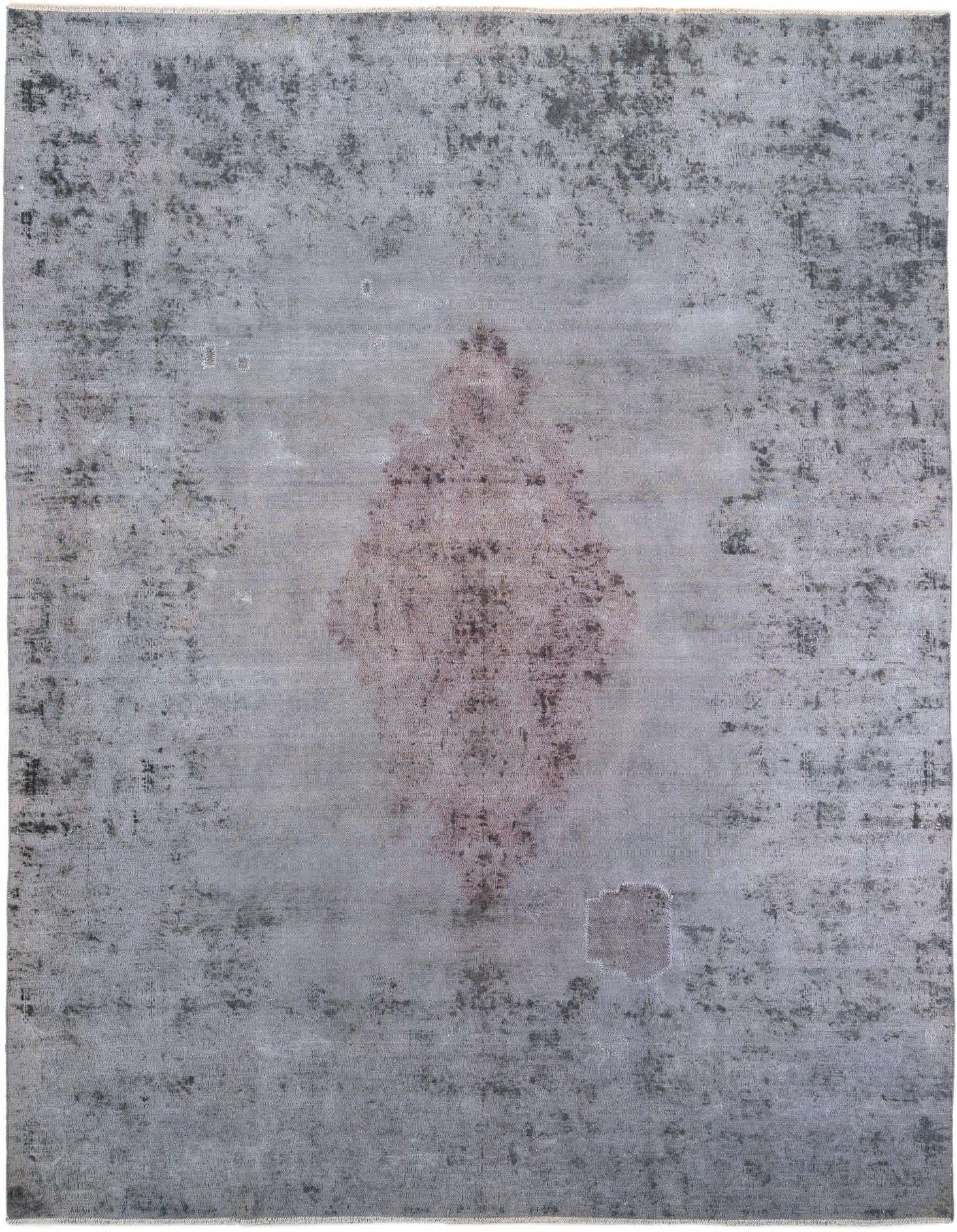 A 9x12 rectangular gray wool rug with a distressed Persian medallion pattern in the center, suitable for a living room.