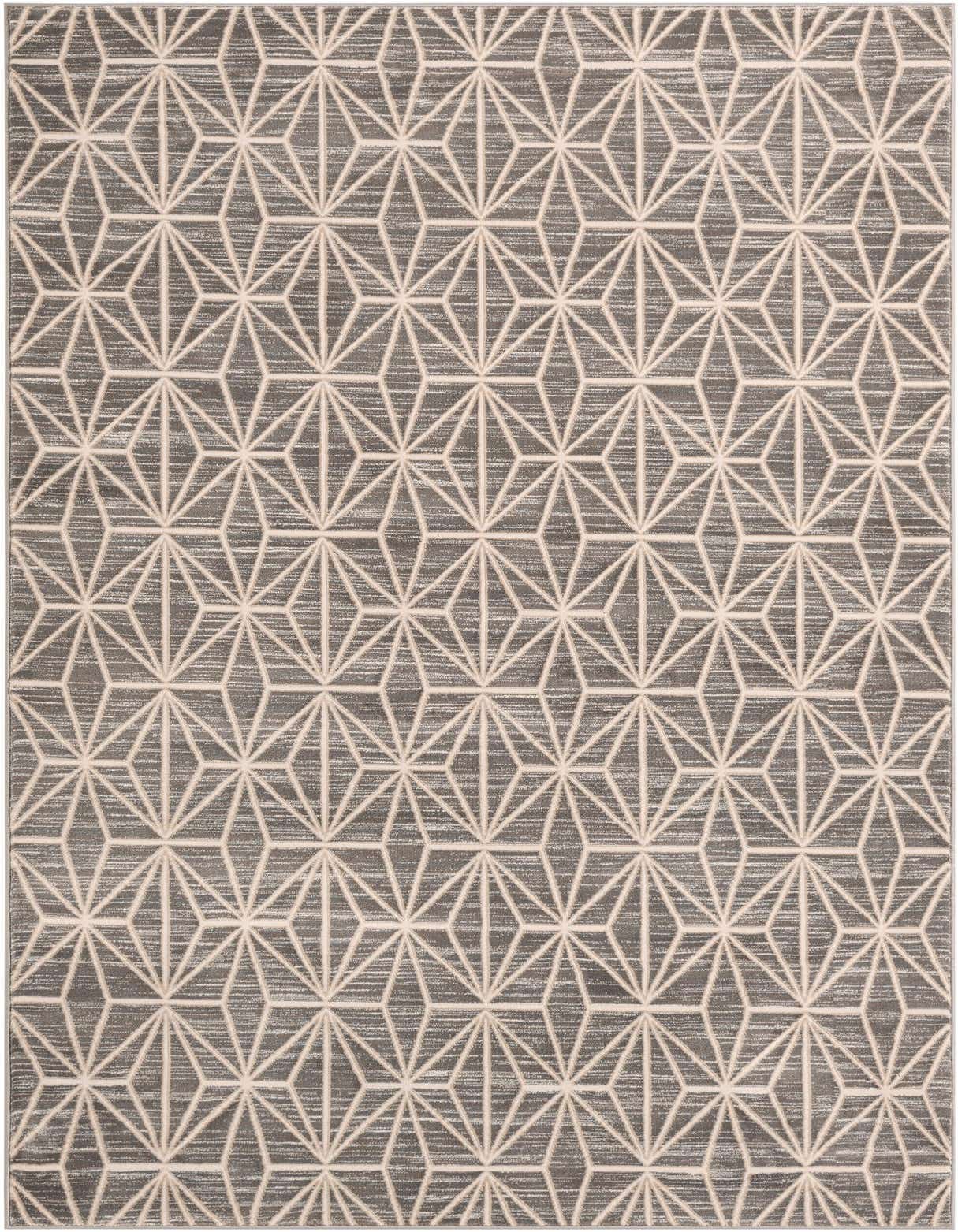 A 5x8 rectangular gray rug with a repeating geometric pattern of interconnected light-colored diamonds, suitable for a living room.