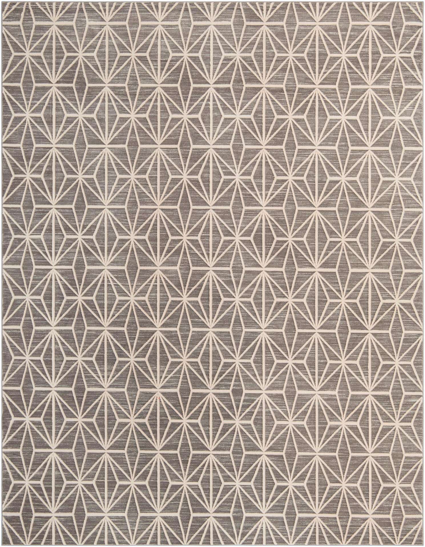A 9x12 rectangular gray area rug with a repeating geometric pattern of white outlined starbursts, perfect for a modern living room.