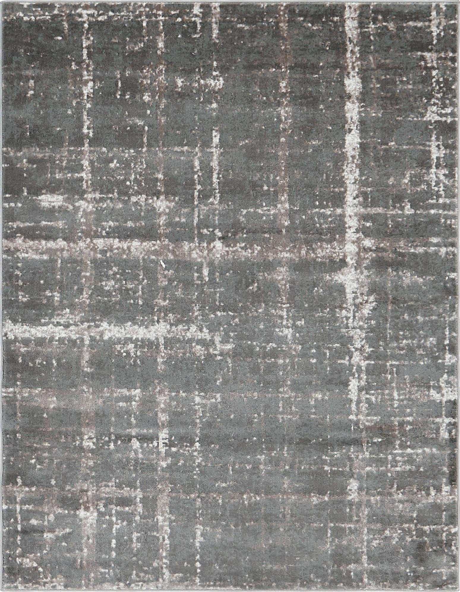An 8x10 rectangular gray area rug featuring a distressed industrial pattern with subtle silver and white accents.