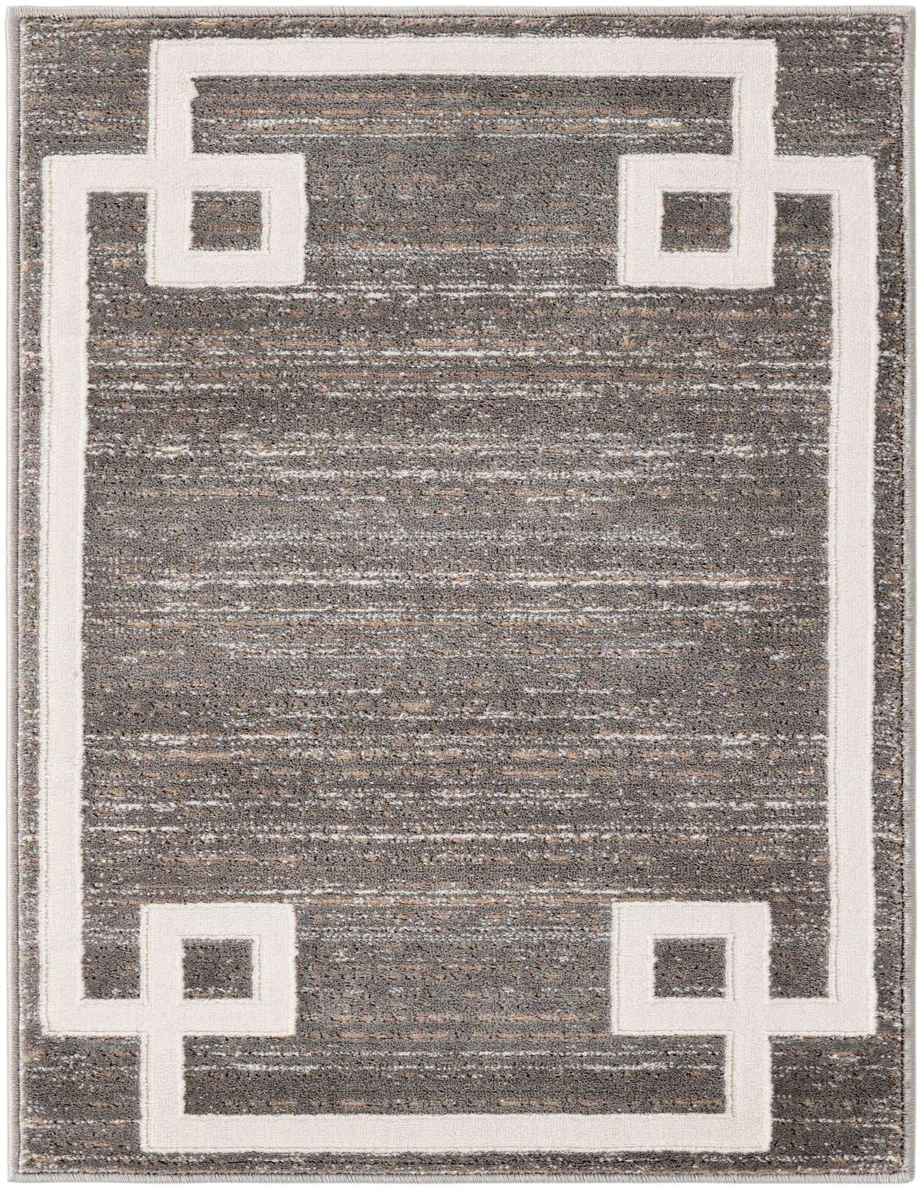 A 2x3 rectangular gray and silver contemporary rug with a textured pile, featuring a bold white Greek key border.