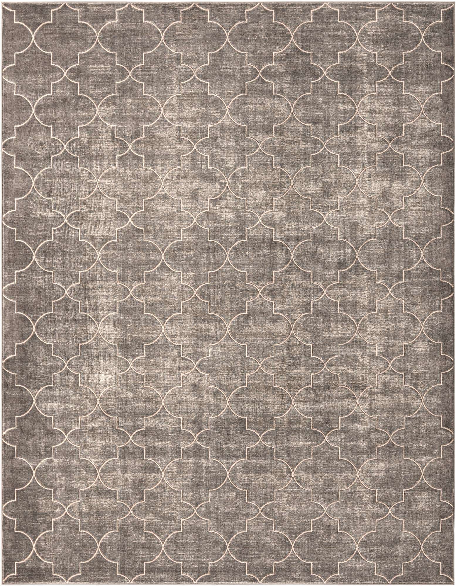 An 8x10 rectangular gray area rug with a subtle, distressed modern trellis pattern, perfect for a living room.