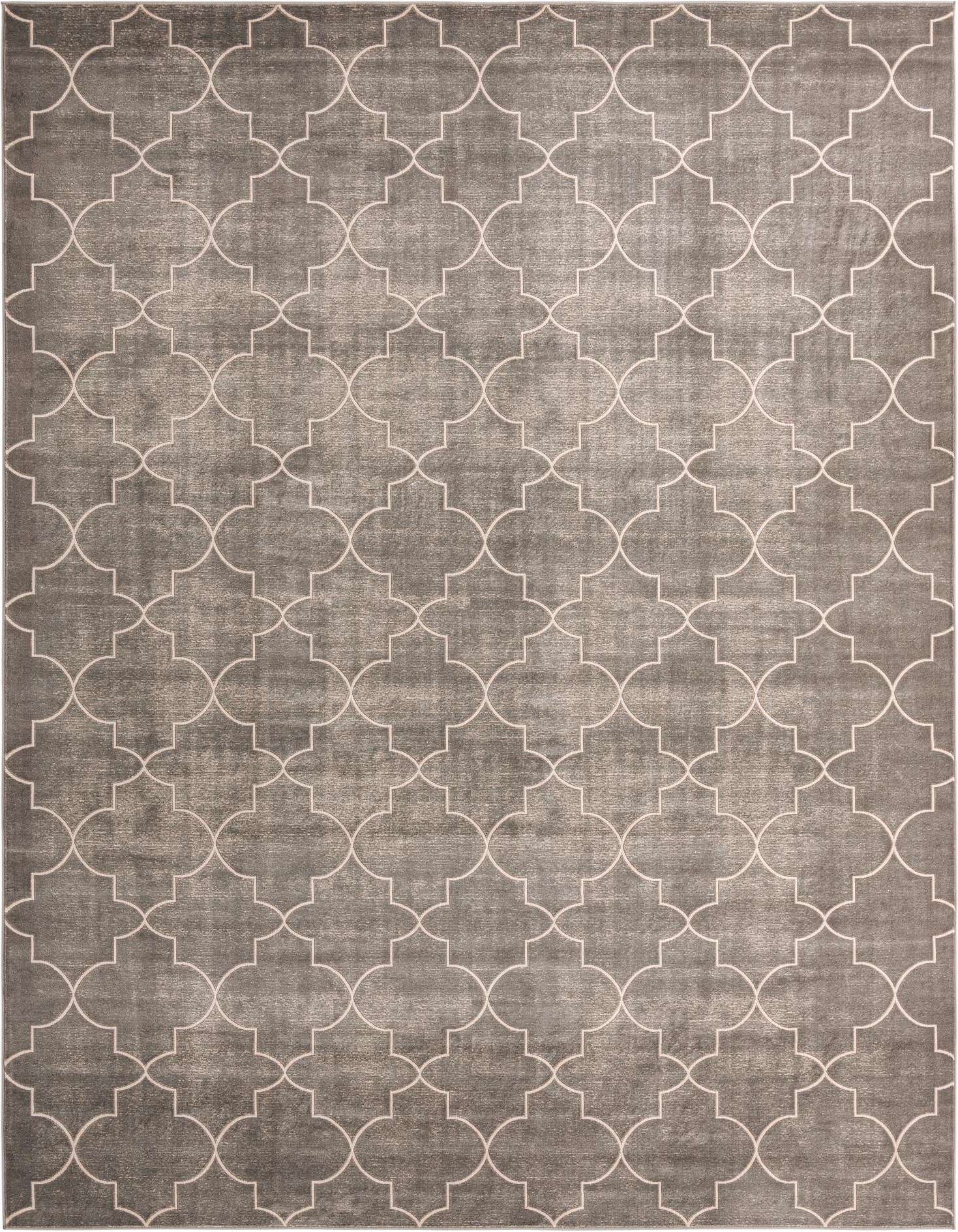 A 9x12 rectangular gray area rug with a modern geometric trellis pattern in lighter silver tones, suitable for an office or living room.