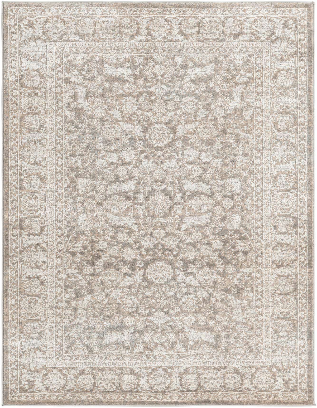 A 4x6 rectangular gray and silver oriental rug with a traditional floral pattern and decorative border.
