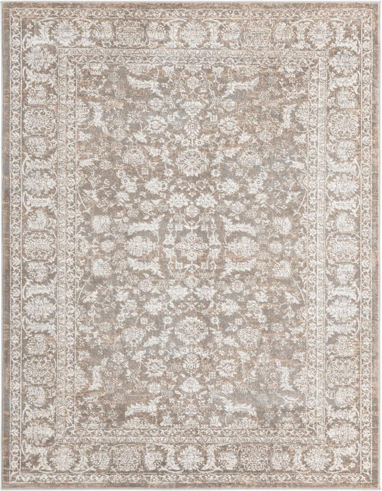 A 5x8 rectangular gray and silver oriental rug with a distressed floral pattern and traditional border, suitable for a living room.