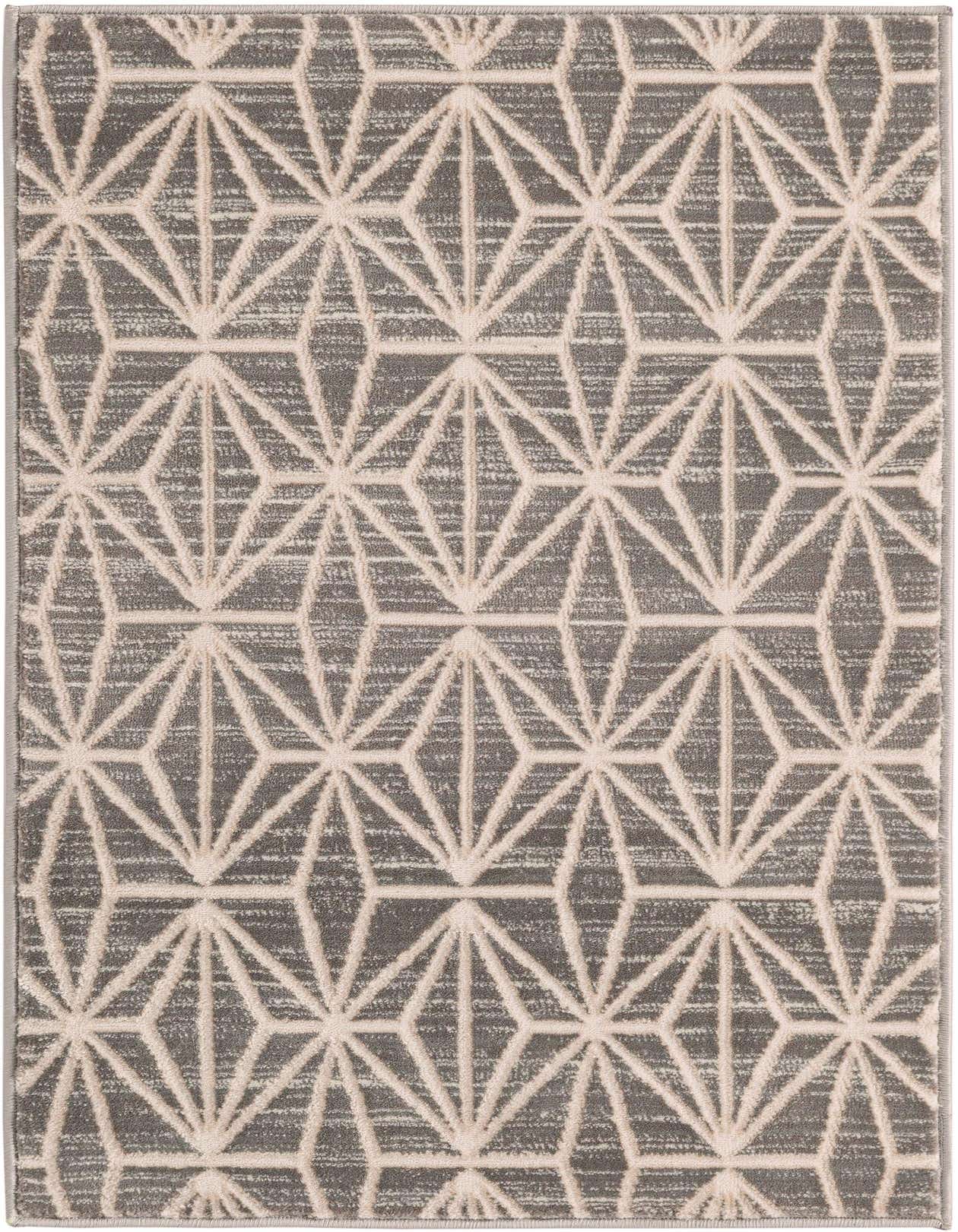A 2x3 rectangular gray and silver rug with a modern geometric abstract pattern, featuring interlocking diamond shapes.