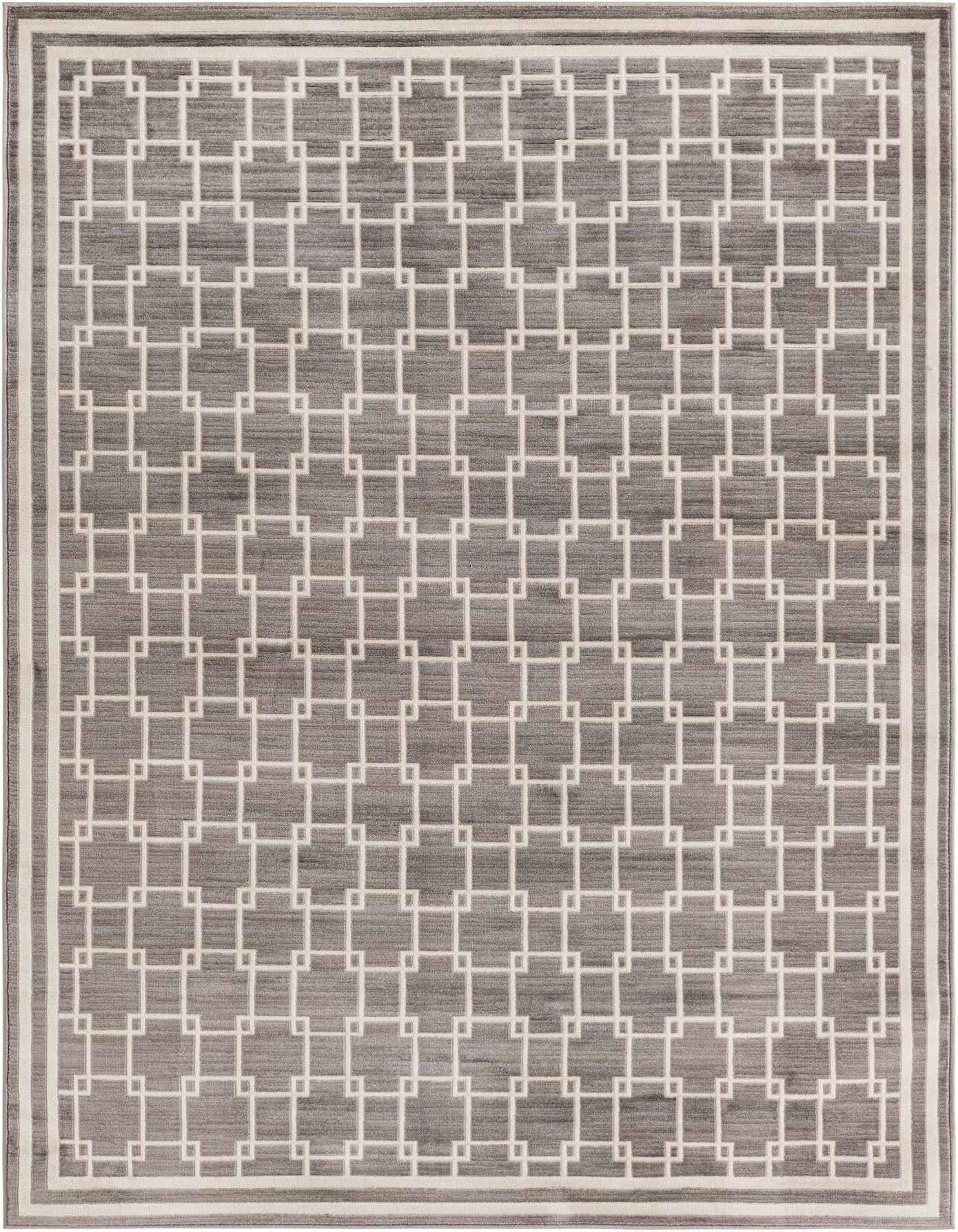 A 5x7 rectangular gray modern area rug with a repeating white geometric square pattern and a thin border.