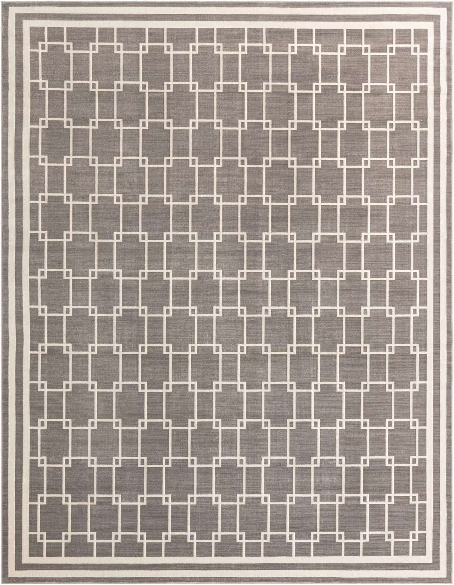 A 9x12 rectangular gray modern area rug with a repeating white geometric square pattern and a triple-line border.