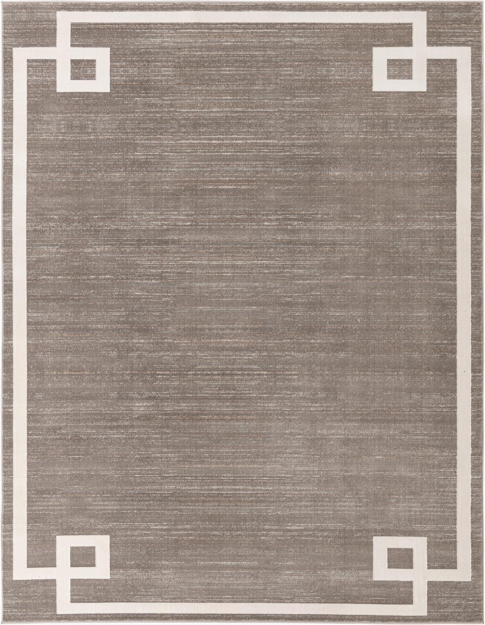 An 8x10 rectangular gray area rug with a modern white Greek key border, suitable for a living room or office.