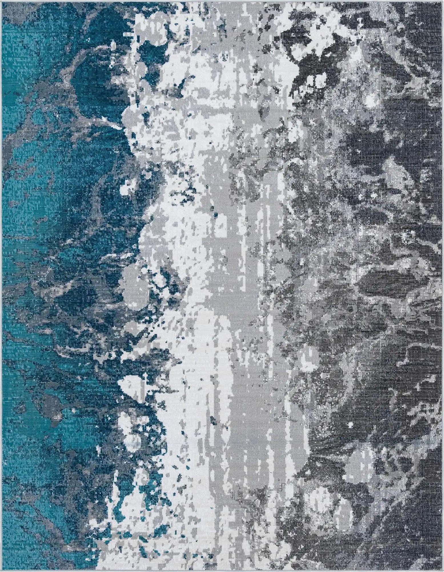An 8x10 rectangular rug with an abstract design featuring a blend of teal, gray, silver, and white tones, suitable for a modern living room.