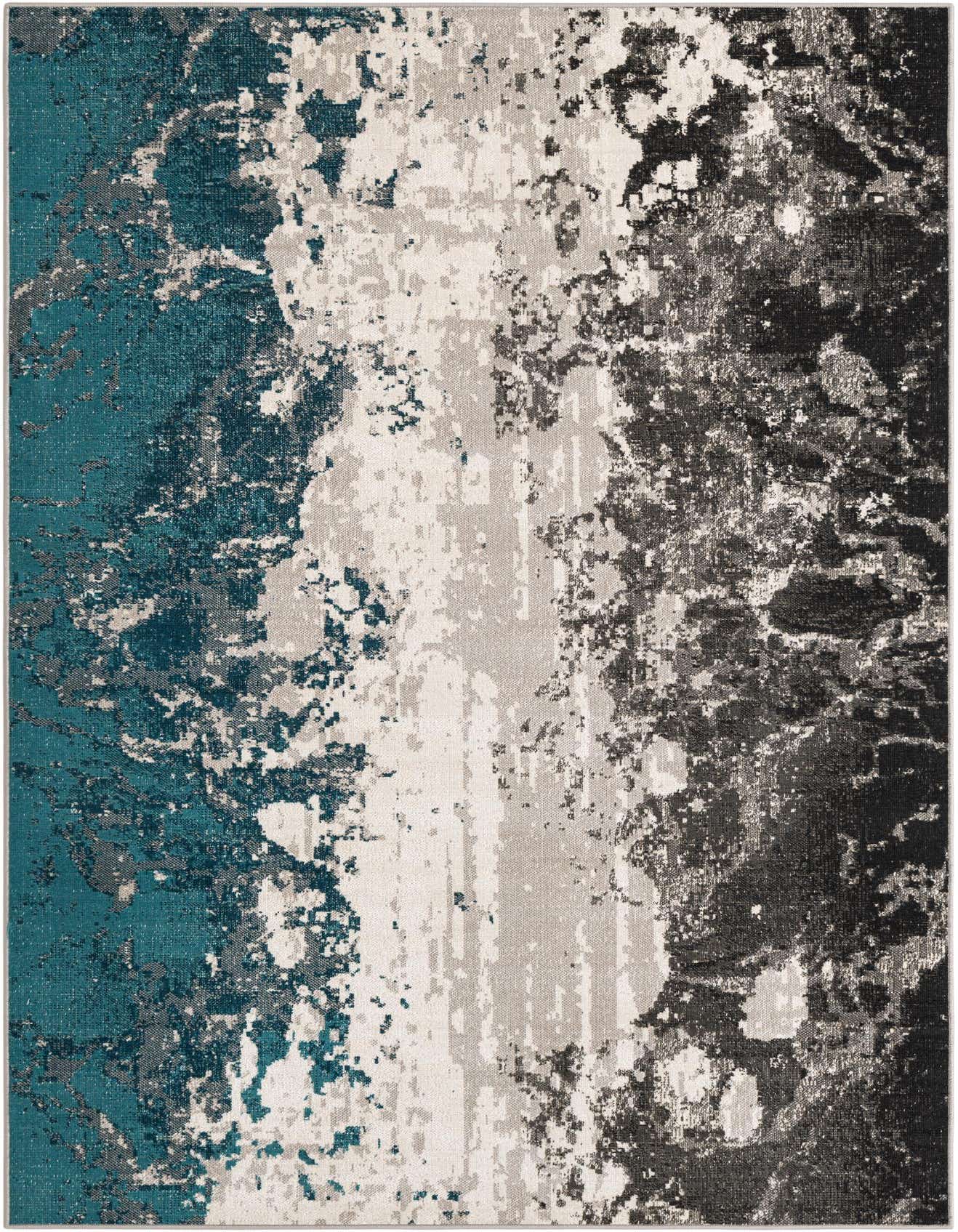 A 5x8 rectangular area rug featuring an abstract, modern design in shades of teal, gray, silver, and black, perfect for a living room.