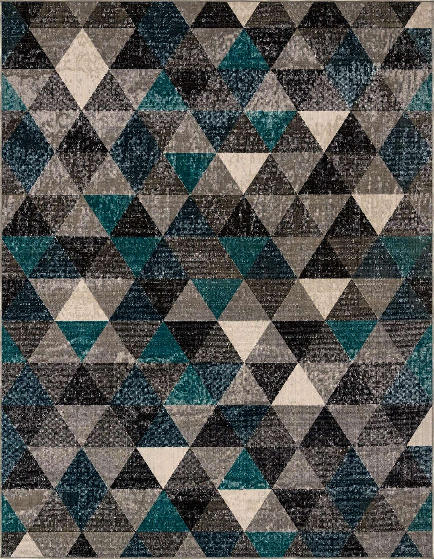 A 9x12 rectangular area rug featuring a modern geometric pattern of triangles in various shades of gray, black, white, and teal, suitable for a living room.