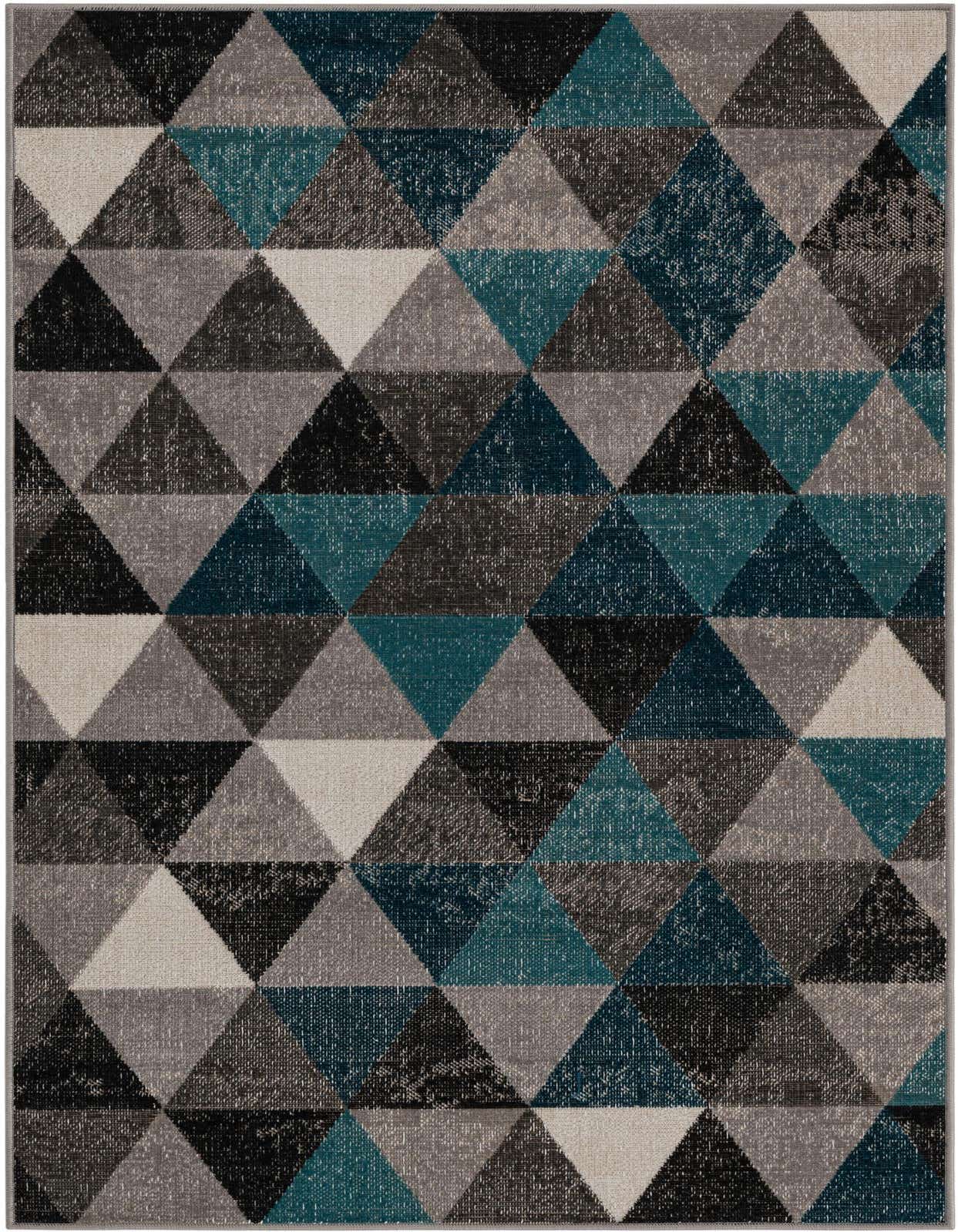 A 3x5 rectangular modern rug featuring a geometric pattern of triangles in shades of gray, black, and teal.