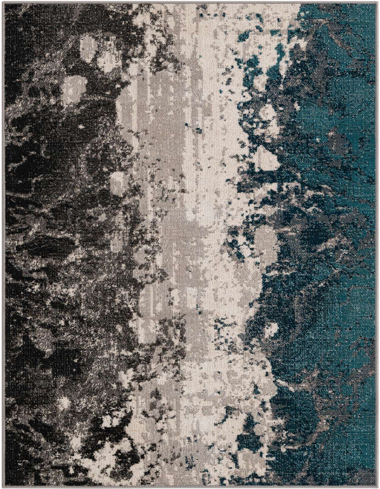 A 3x5 rectangular modern rug with an abstract pattern in shades of gray, silver, black, and teal, suitable for an entryway.