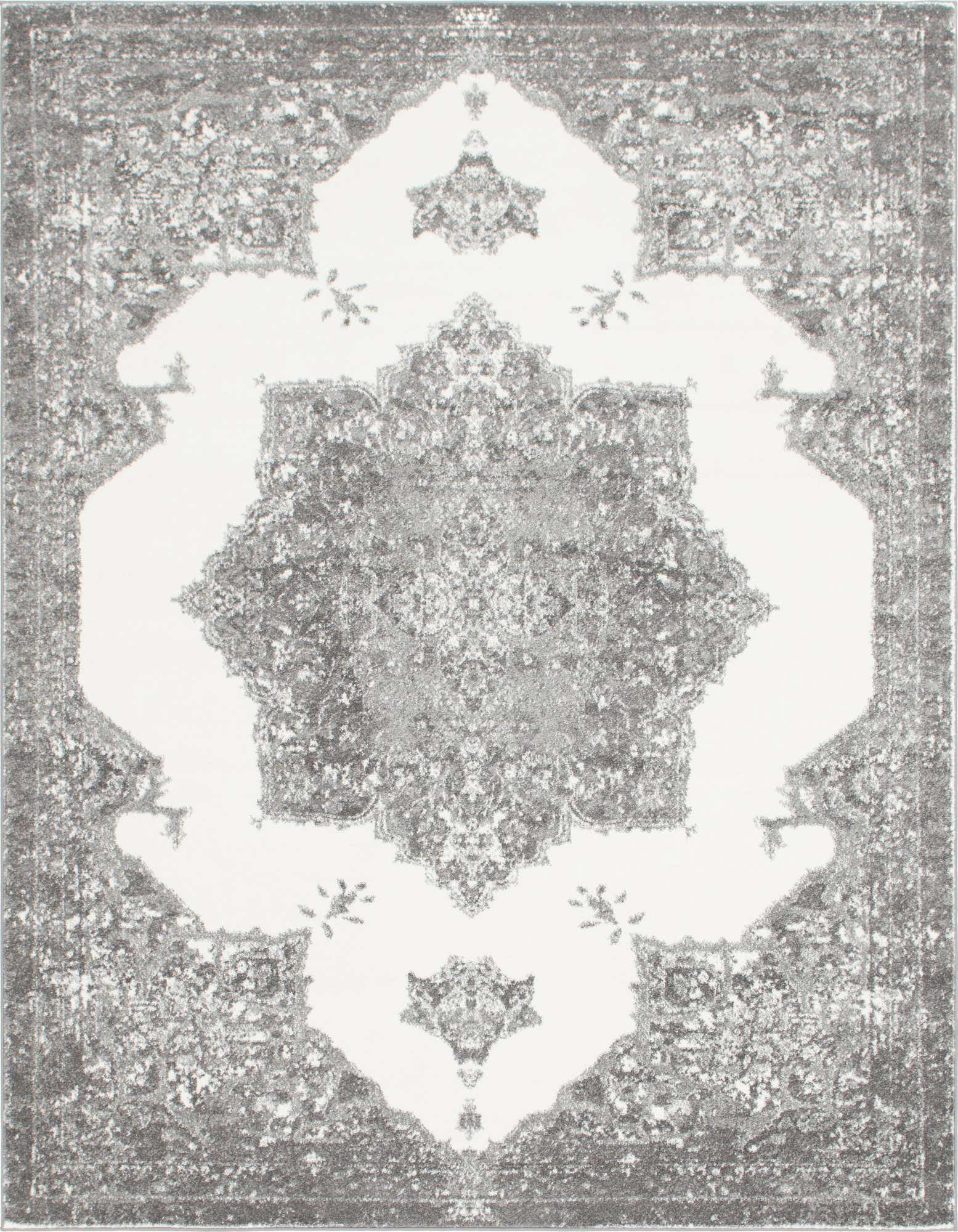 An 8x10 rectangular gray and silver shabby-chic rug with a vintage medallion pattern, ideal for a living room.