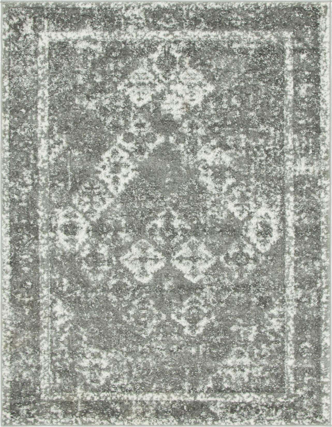 A 4x6 rectangular gray area rug with a distressed white trellis pattern and border, suitable for various indoor rooms.