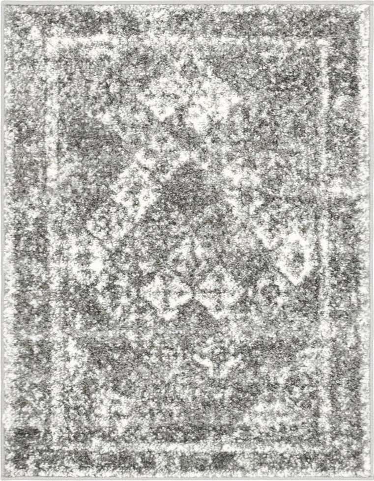 A 2x3 rectangular gray and white shabby-chic rug with a distressed trellis pattern, suitable for an entryway or kitchen.