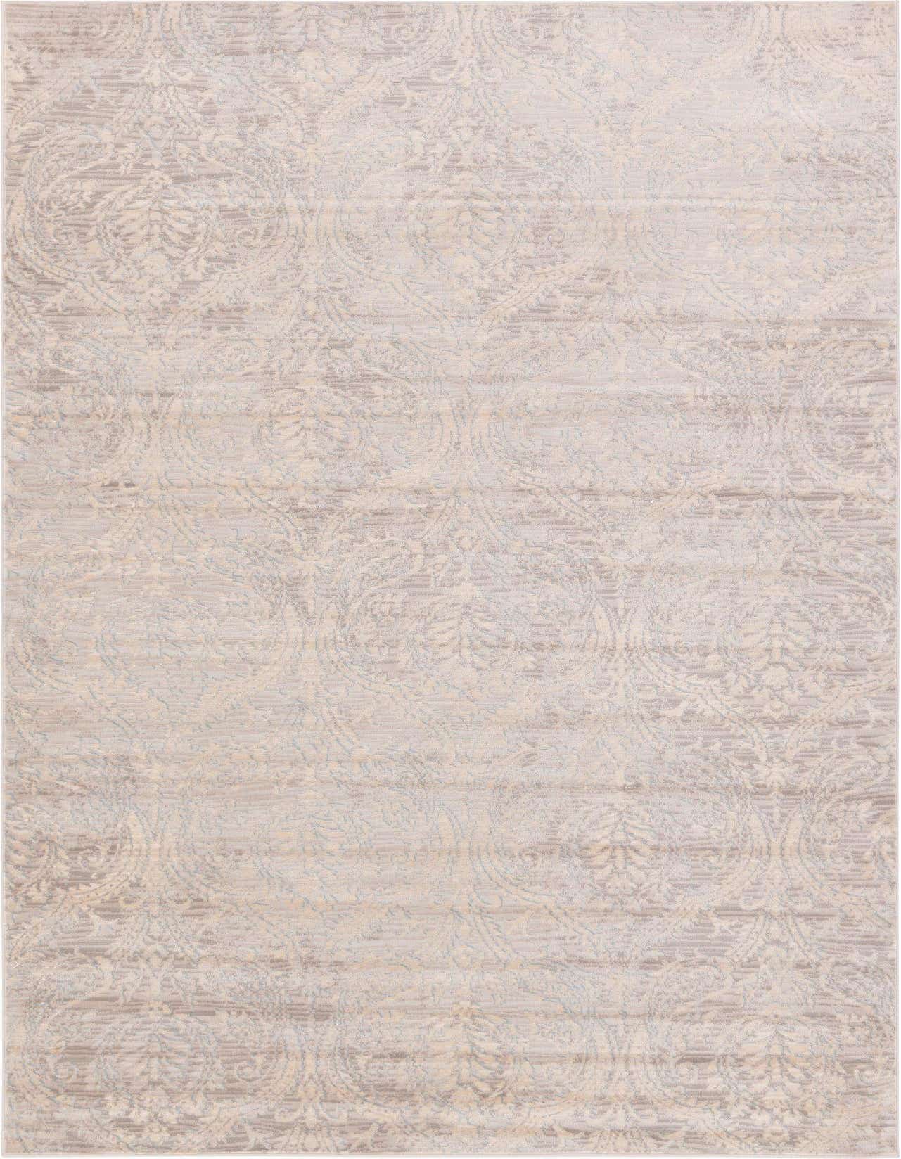 A 5x8 rectangular gray and silver area rug featuring a subtle, distressed bohemian and traditional floral pattern.