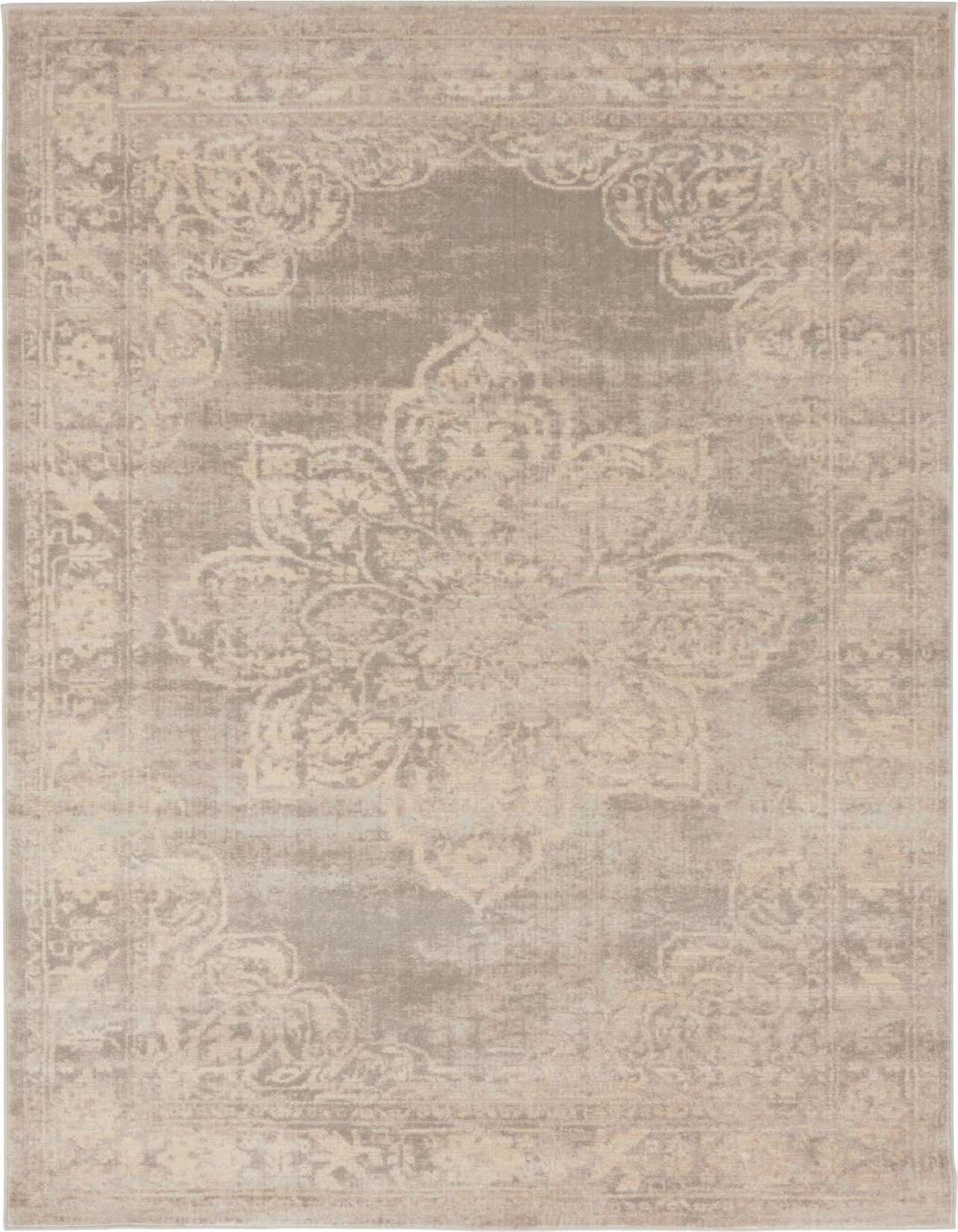 A 4x6 rectangular Victoria Collection rug featuring a faded gray medallion and traditional border pattern, ideal for a living room.