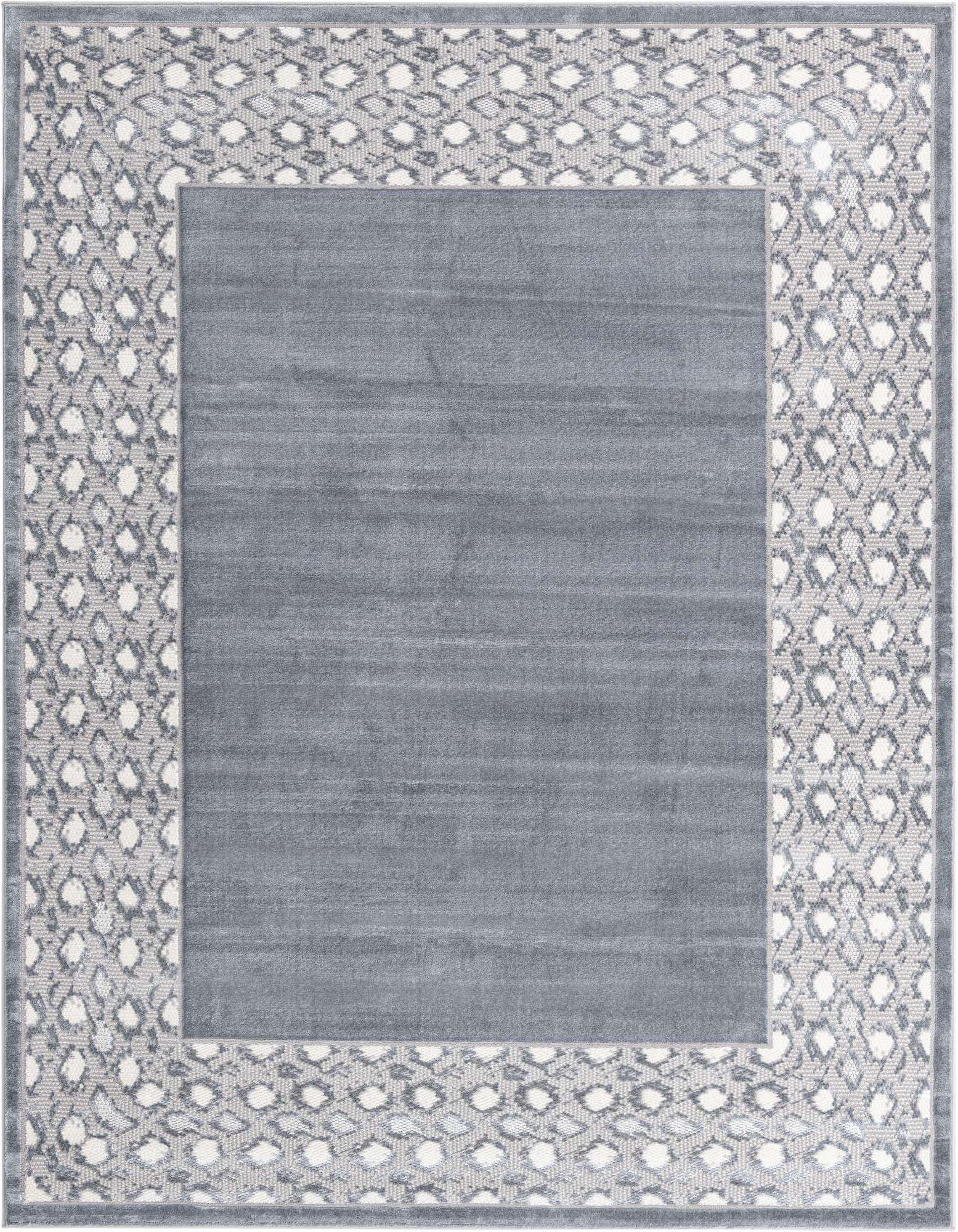 An 8x10 rectangular gray area rug featuring a solid gray center and a textured border with a modern geometric pattern.