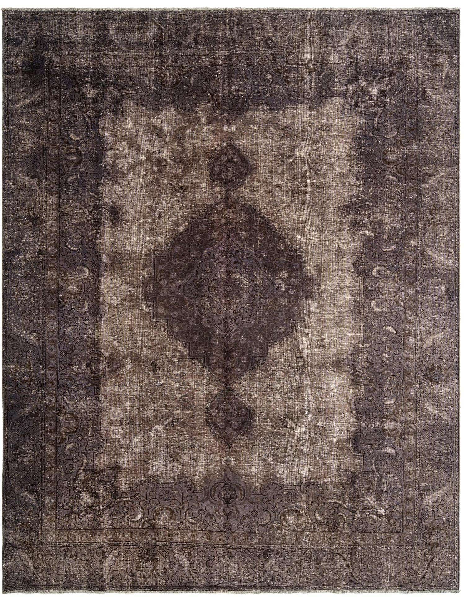 A rectangular 10x13 gray Persian wool rug with a distressed traditional medallion and border pattern, suitable for a living room.
