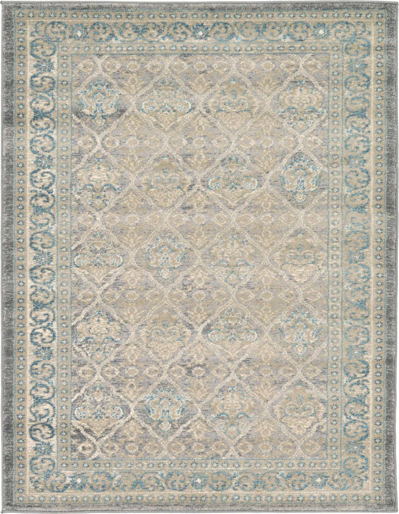 A 3x5 rectangular Viola Collection rug featuring a traditional botanical pattern in shades of gray, silver, and light blue.