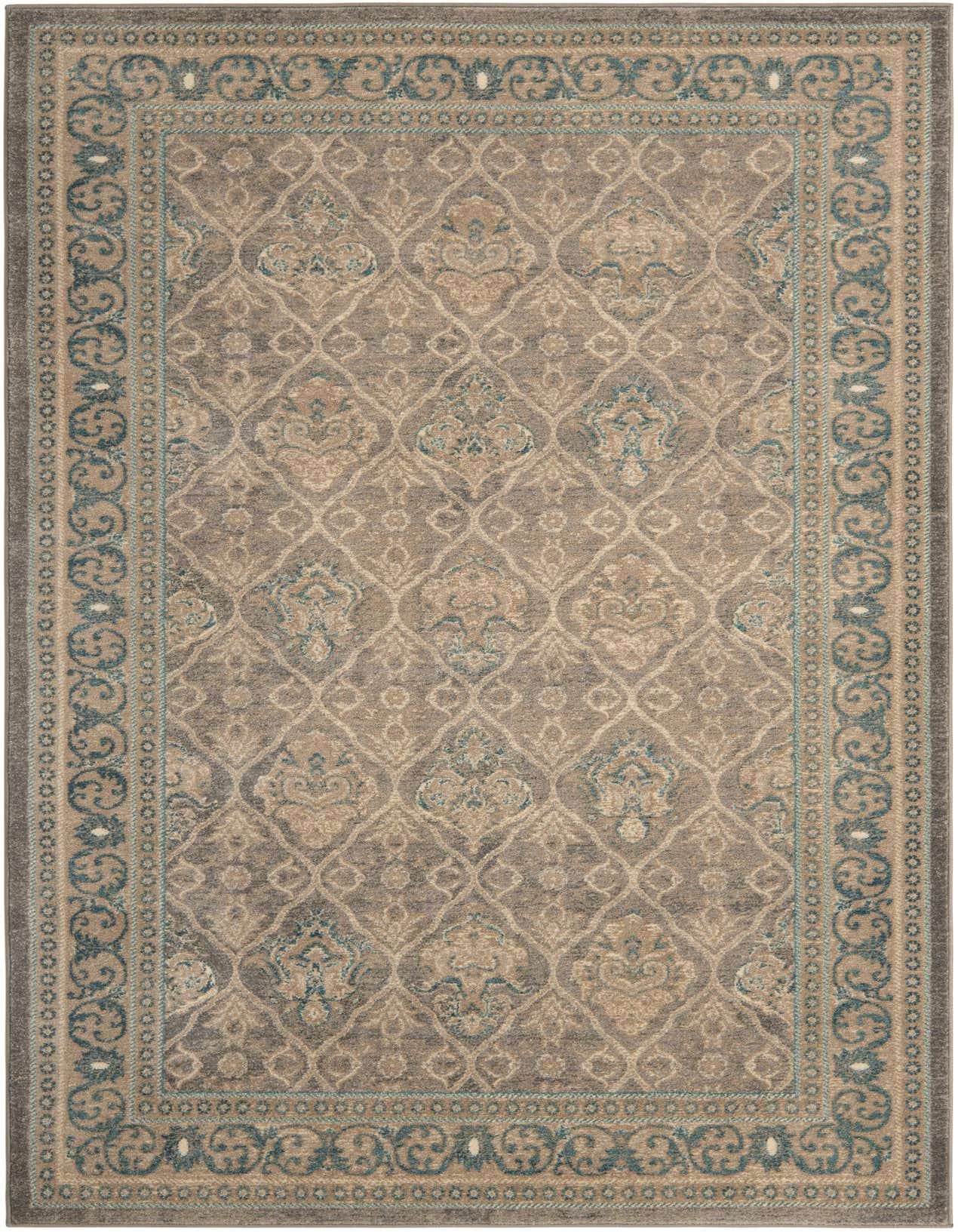 A 5x8 rectangular Viola rug in shades of gray and beige with teal accents, featuring a traditional botanical pattern and intricate borders.