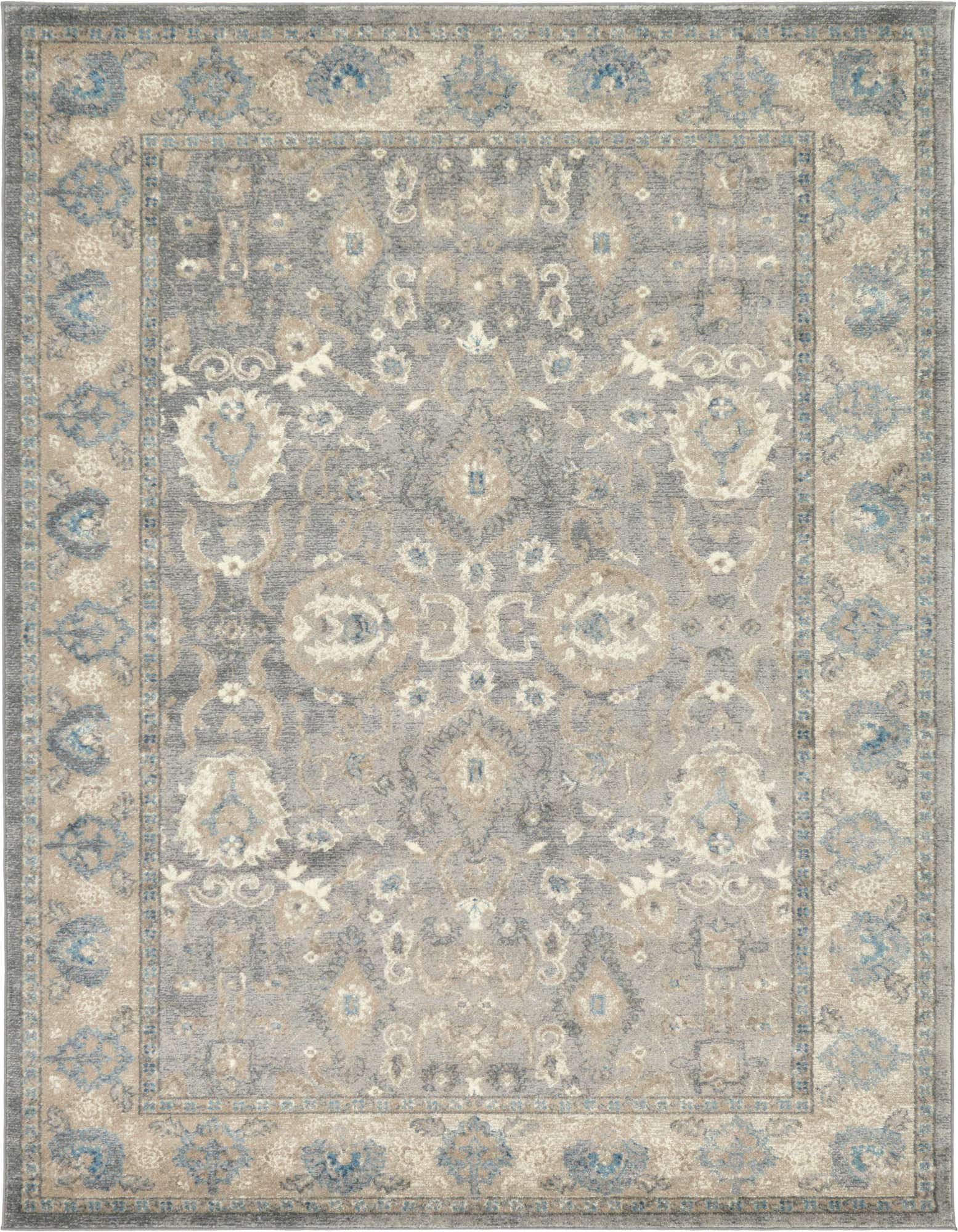 A 6x9 rectangular gray area rug with a traditional botanical pattern in shades of gray, beige, and light blue, featuring a decorative border.