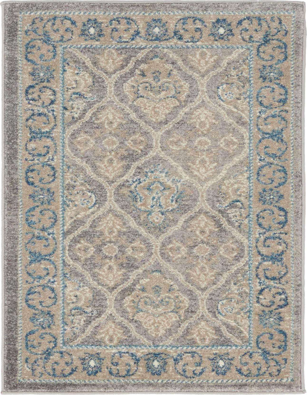 A 2x3 rectangular Viola rug featuring a traditional botanical pattern in shades of gray, silver, beige, and blue.