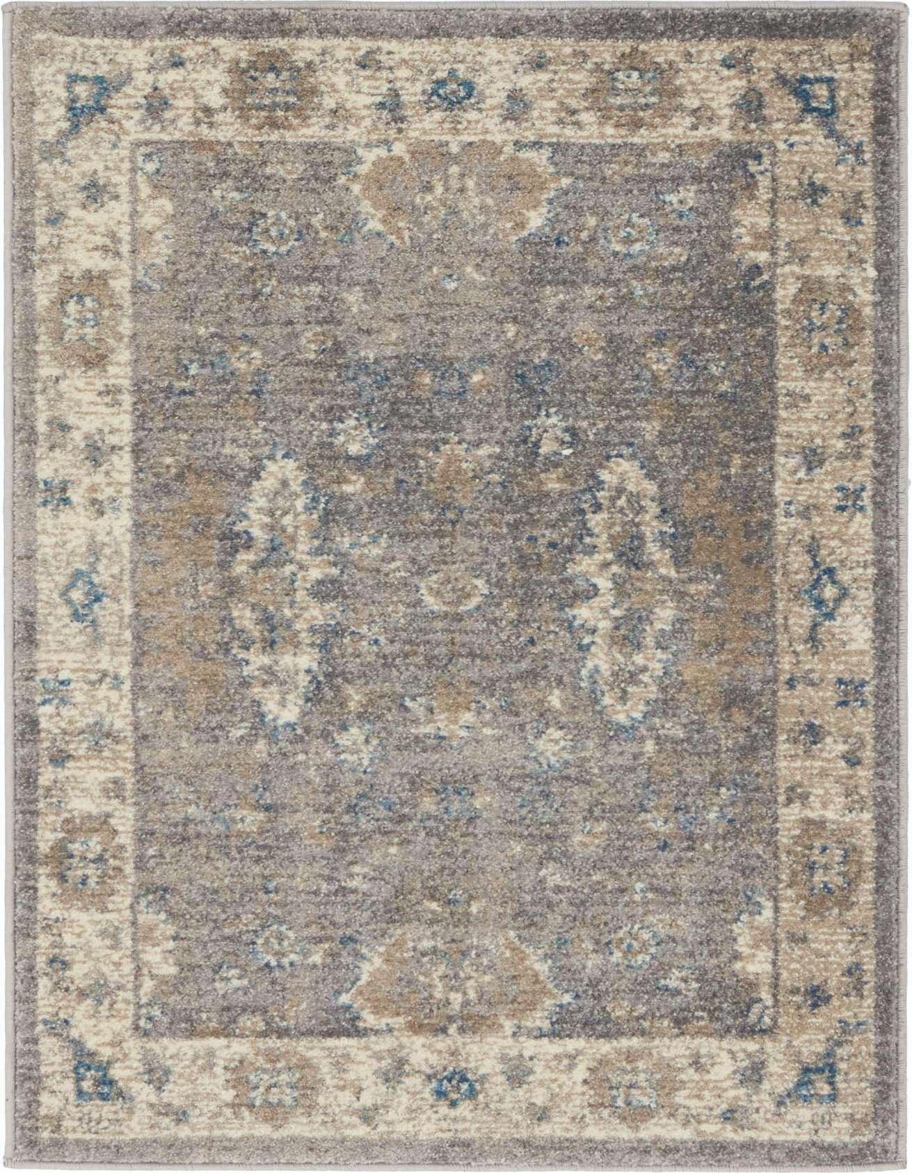 A 2x3 rectangular Rugs.com Viola rug featuring a distressed traditional floral pattern in shades of gray, silver, beige, and blue.