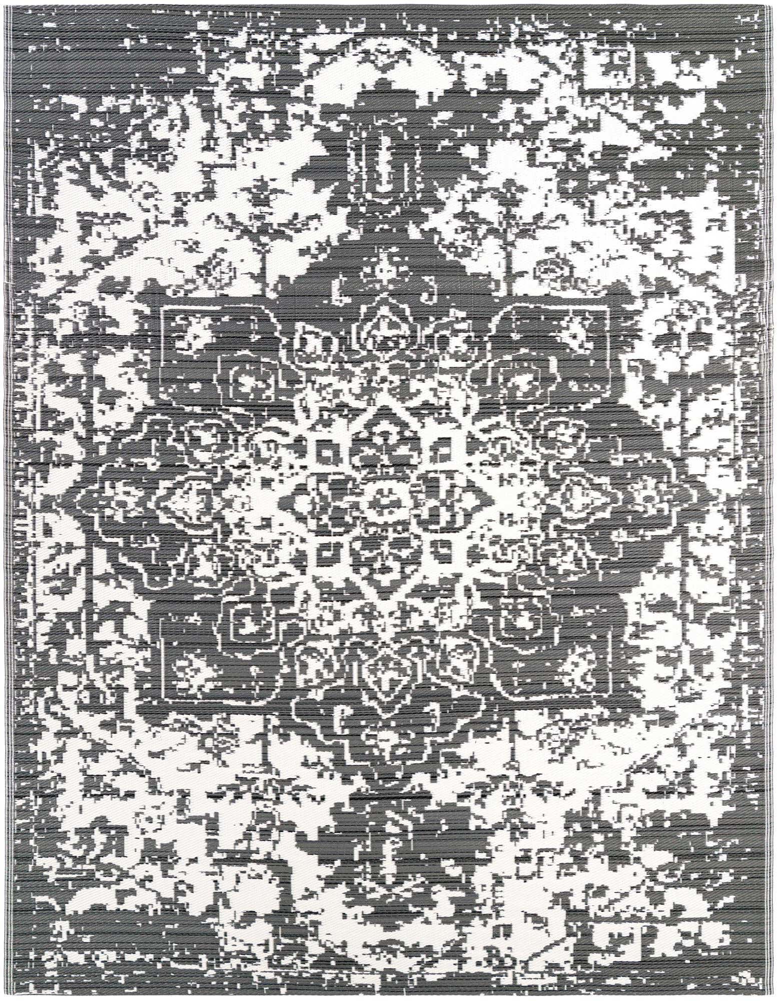 An 8x10 rectangular gray and white modern abstract rug with a distressed medallion pattern, suitable for indoor or outdoor spaces.