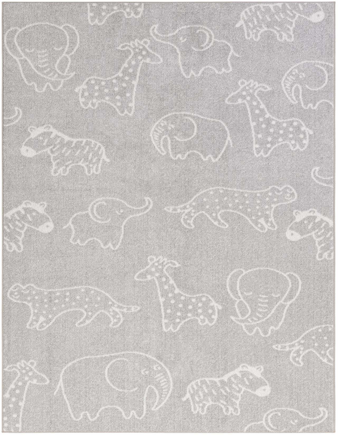 A 5x8 rectangular gray rug with a whimsical white outline pattern of various safari animals like elephants, giraffes, and zebras.