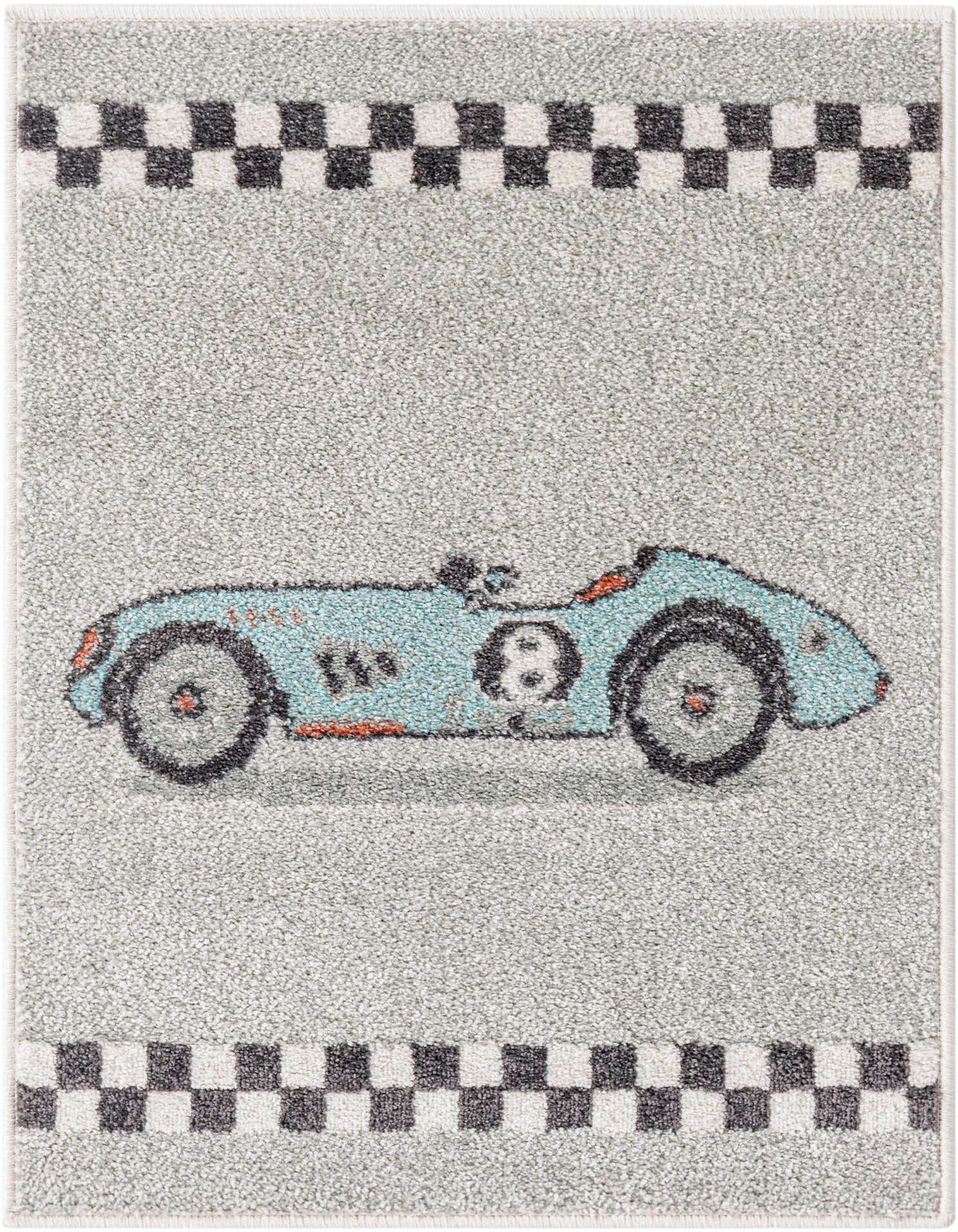 A light gray rectangular rug featuring a blue race car with number 8 and checkered flag borders, perfect for a child's room.