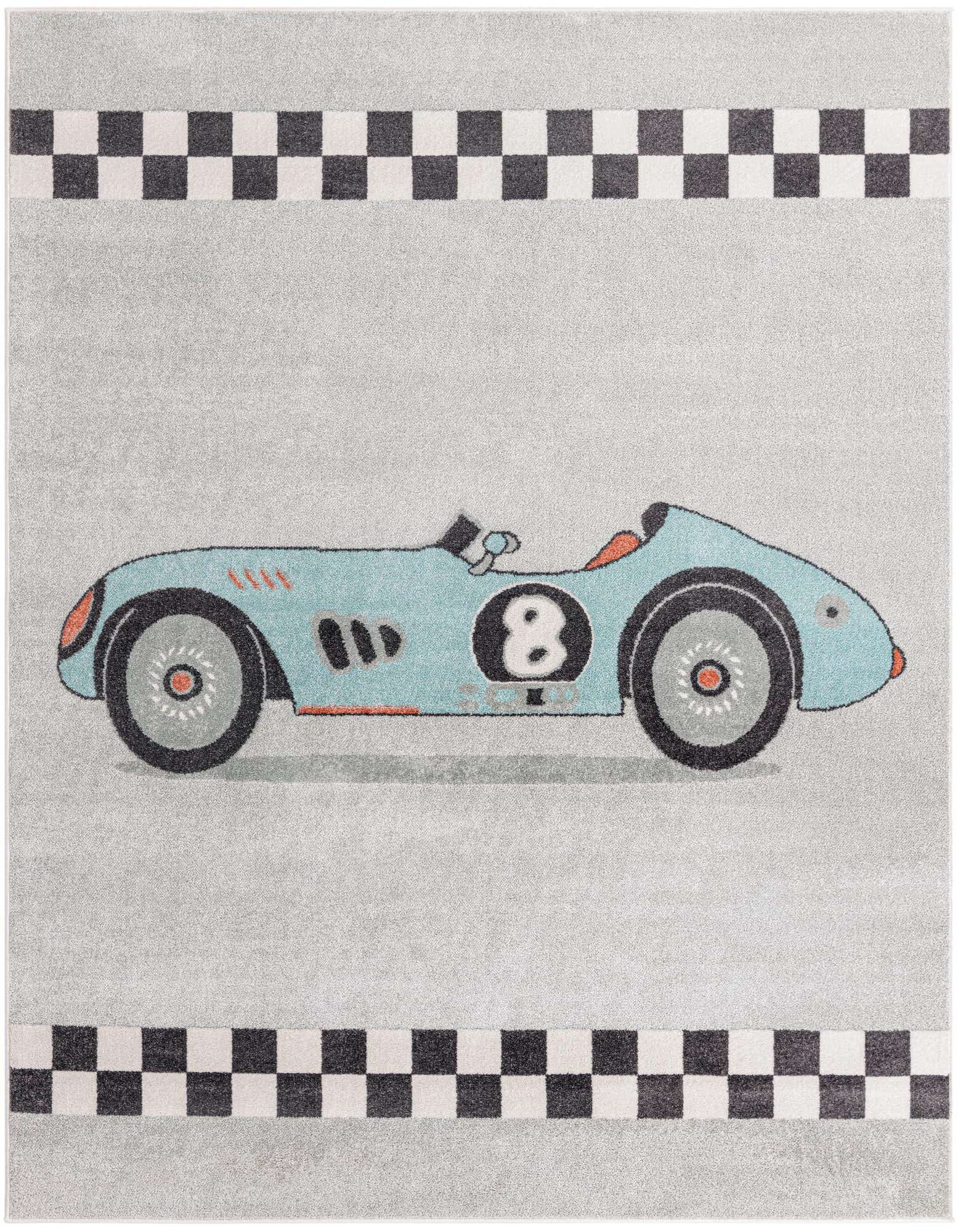 A gray rectangular kids' rug featuring a light blue vintage race car with number 8 and black and white checkered flag borders.