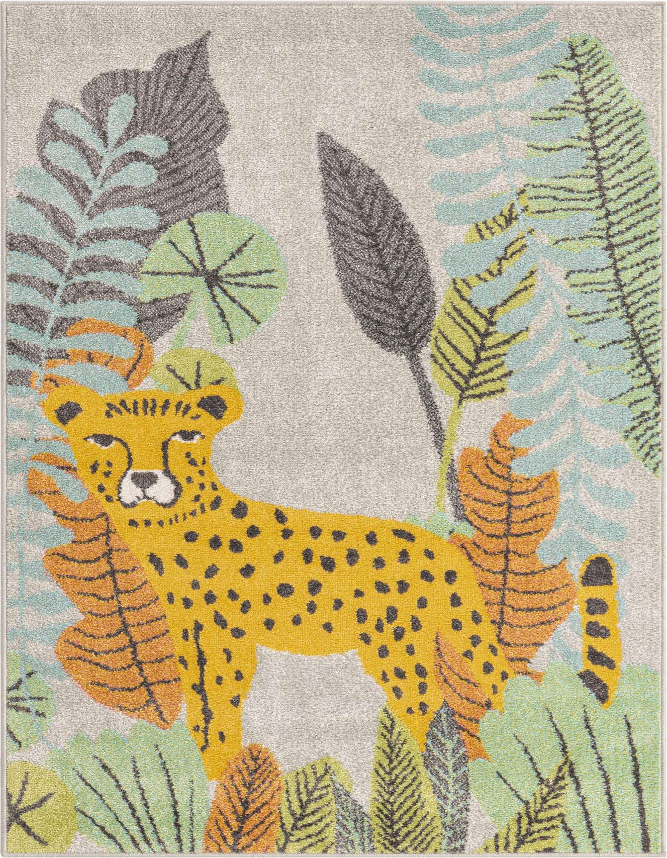 A 4x6 rectangular gray rug featuring a vibrant yellow cheetah with black spots, surrounded by colorful jungle leaves in teal, green, and orange.