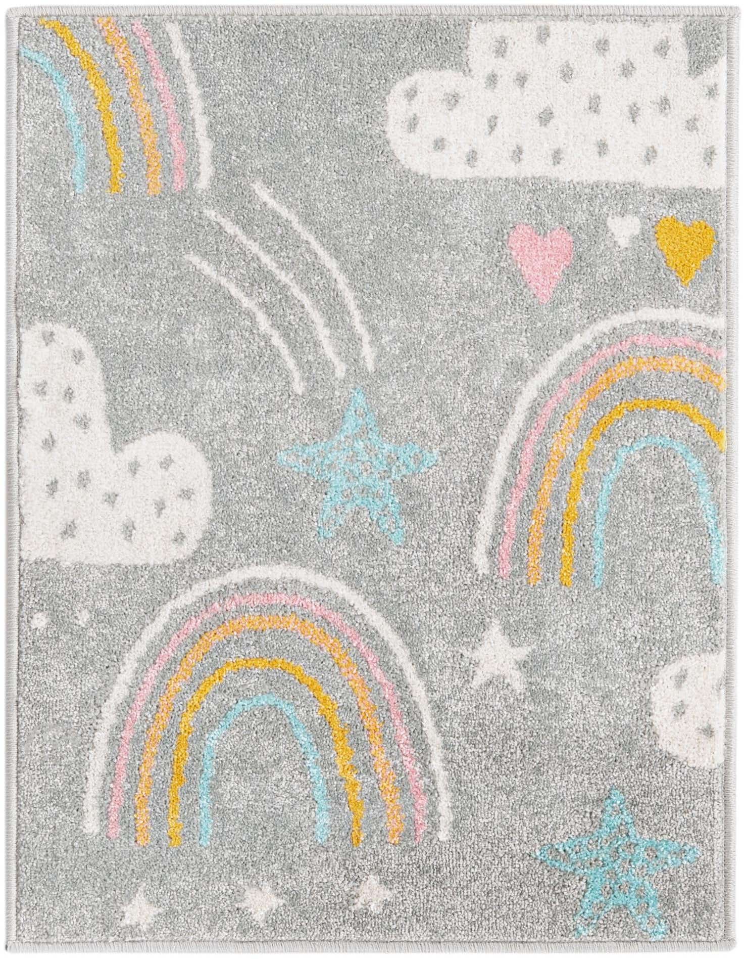 A gray 2x3 rectangular rug featuring a whimsical pattern of pastel rainbows, white clouds, blue stars, and pink and yellow hearts.