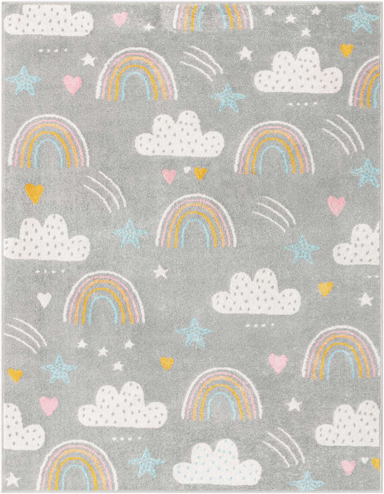 A gray rectangular rug with a whimsical pattern of pastel rainbows, white clouds, light blue stars, and pink and yellow hearts, perfect for a child's room.