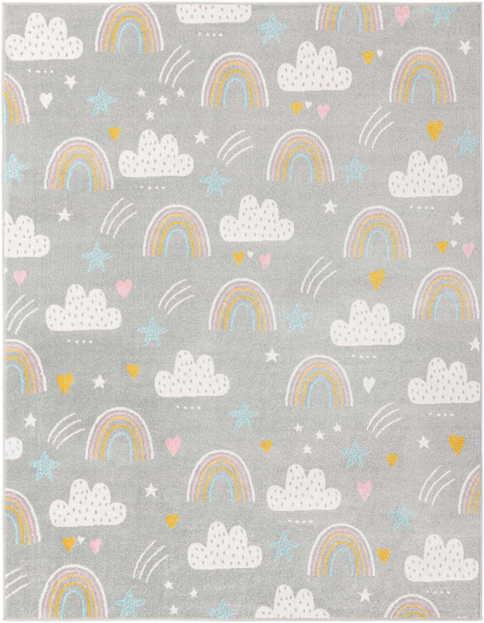 A gray rectangular rug with a whimsical pattern of pastel rainbows, white clouds, light blue stars, and pink and yellow hearts.