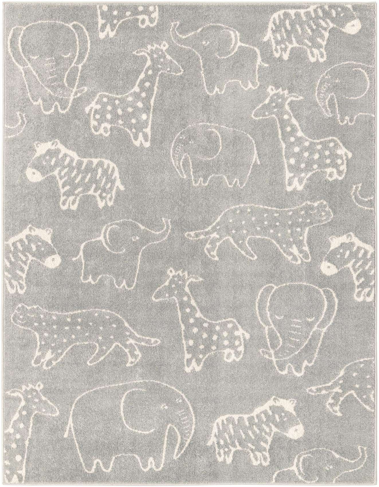 A 5x8 rectangular gray rug with a playful pattern of white outline safari animals like elephants, giraffes, and zebras, ideal for a child's room.