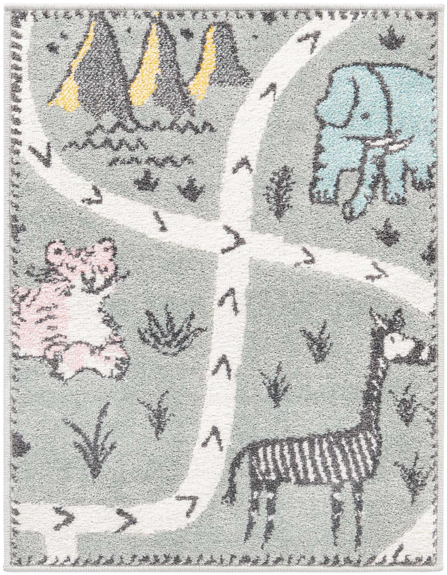 A gray rectangular kids' rug with a whimsical safari map design, featuring a blue elephant, pink tiger, and striped giraffe.