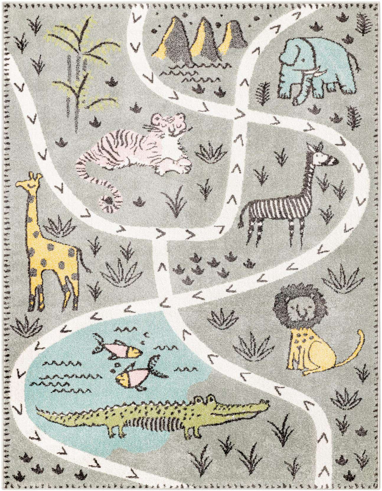 A 5x8 rectangular gray rug featuring a playful safari map with a giraffe, tiger, elephant, zebra, lion, crocodile, and fish.