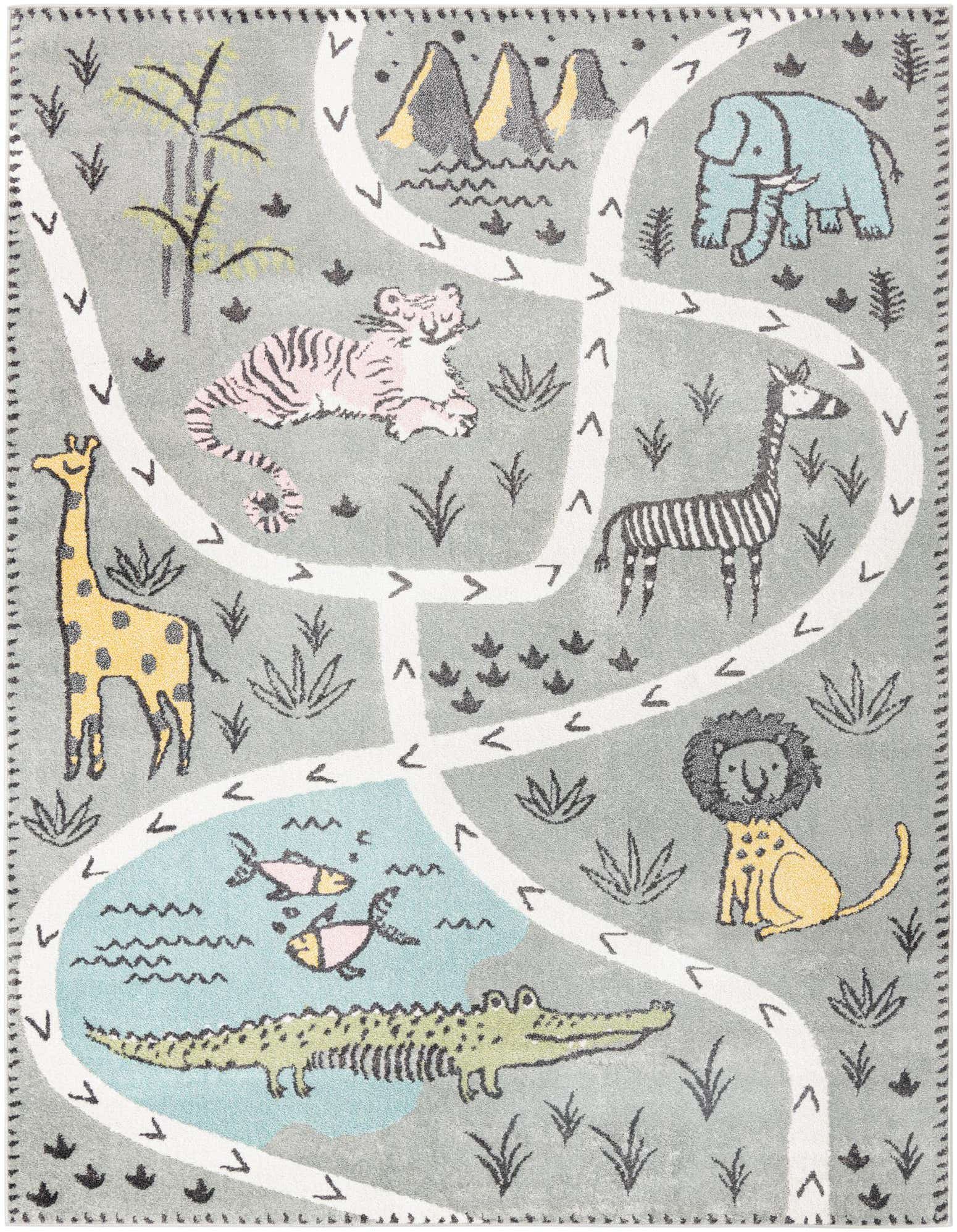 A gray rectangular kids' rug with a playful safari animal map design, featuring a giraffe, tiger, elephant, zebra, lion, crocodile, and fish.